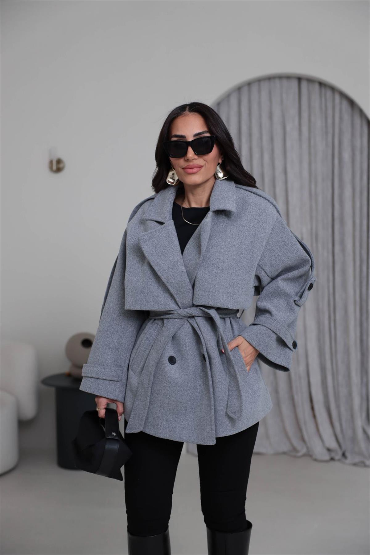 9669 Kuşaklı Oversize Premium Kaşe Ceket GRİ