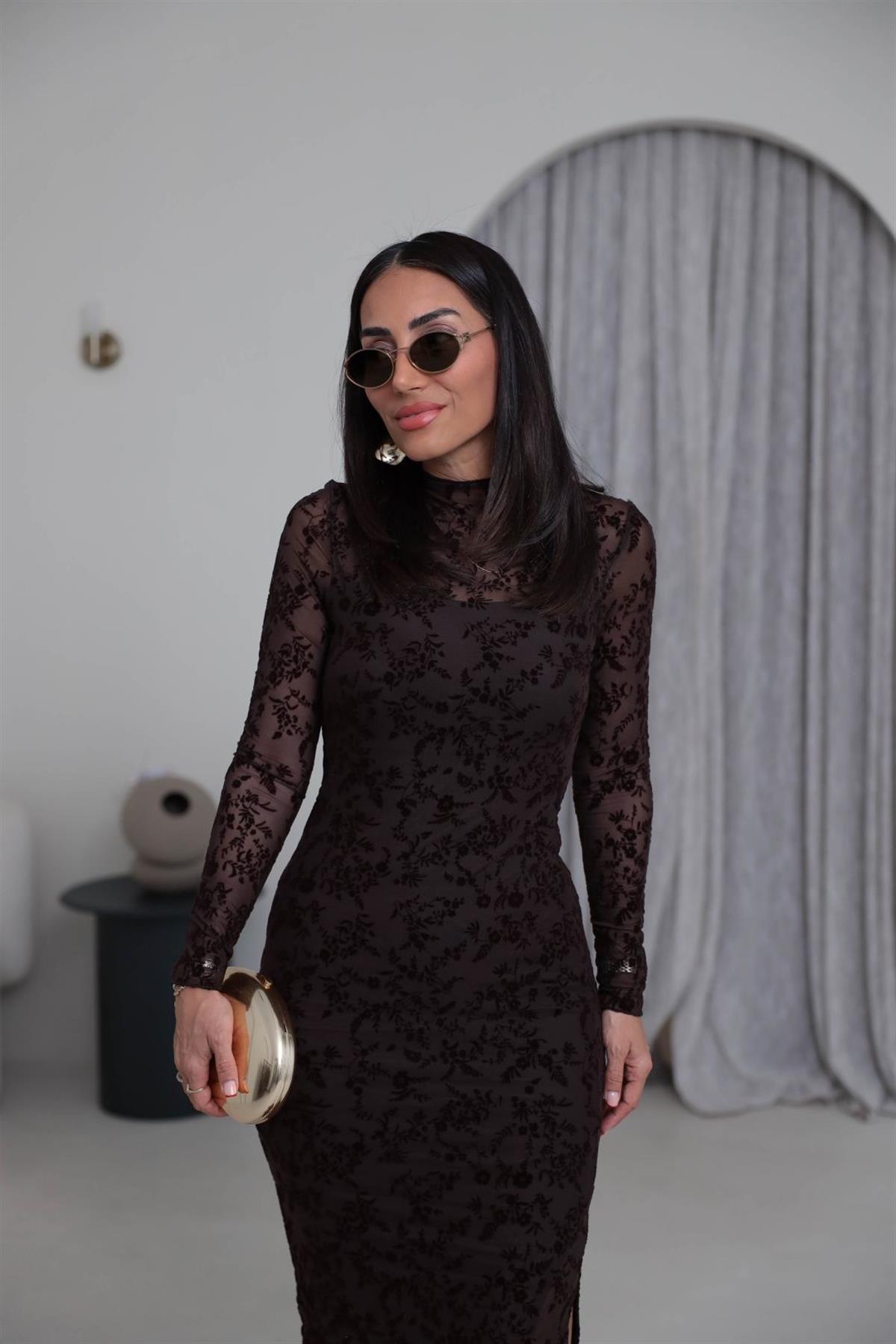 1164 Flok Baskılı Yırtmaçlı Maxi Boy Tül Elbise ACI KAHVE