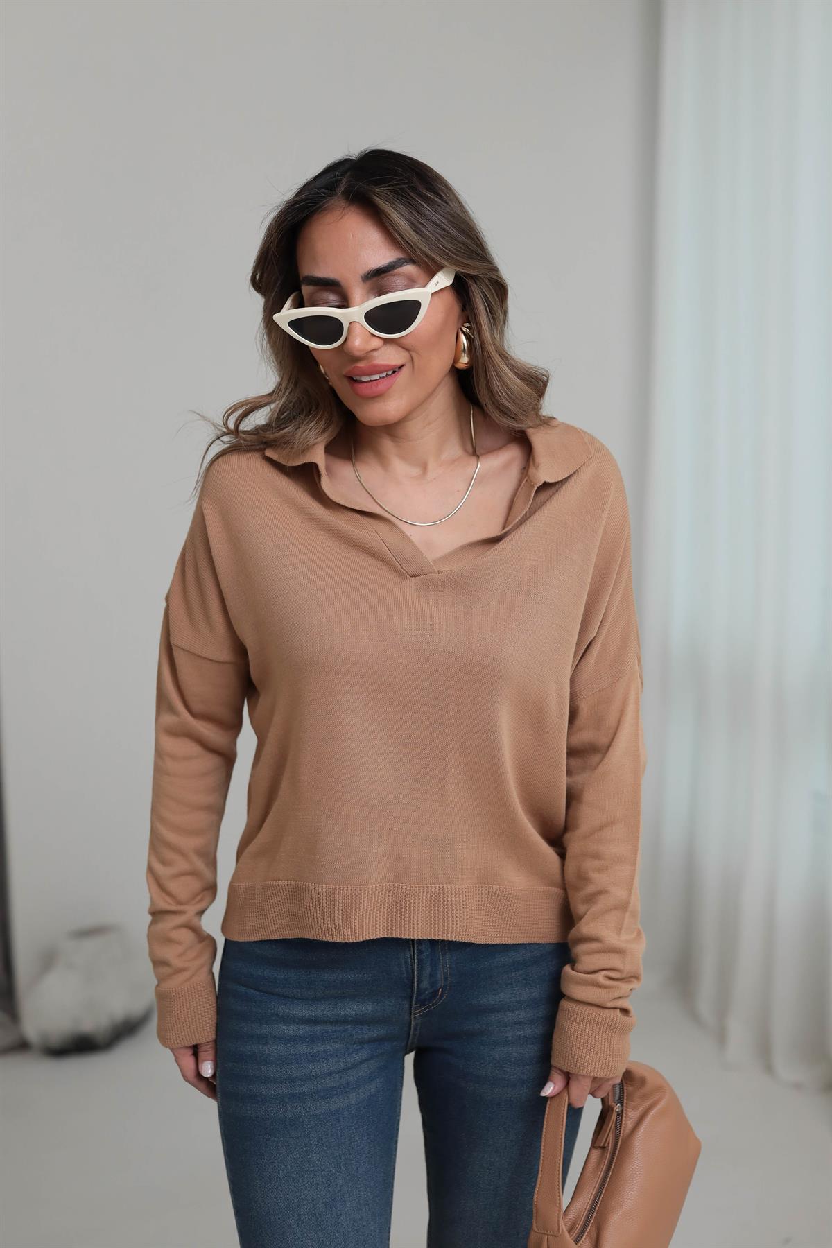 3215 Polo Yaka Mevsimlik Triko Bluz TABA