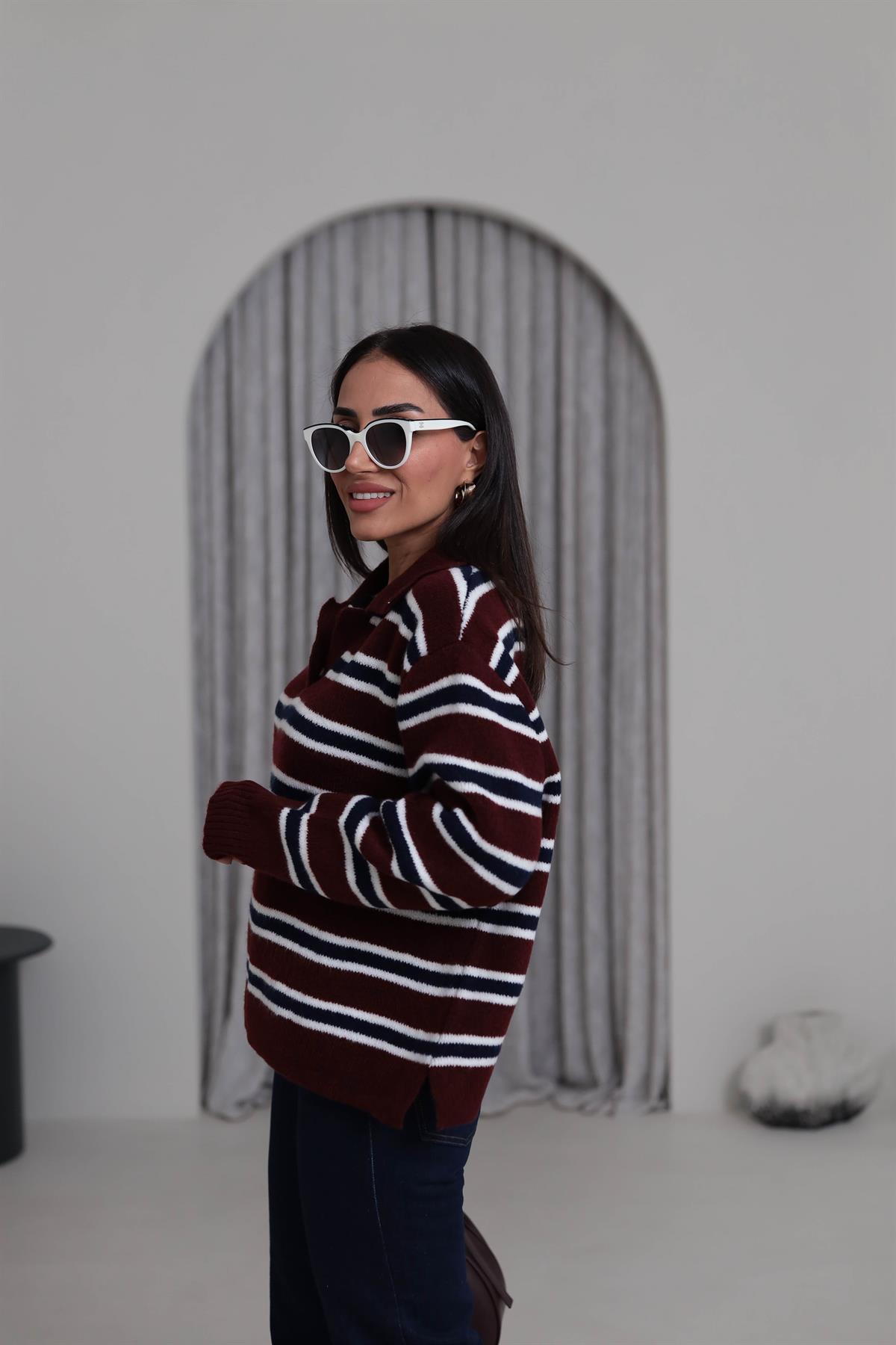 2541 Polo Yaka Çizgili Triko Kazak BORDO