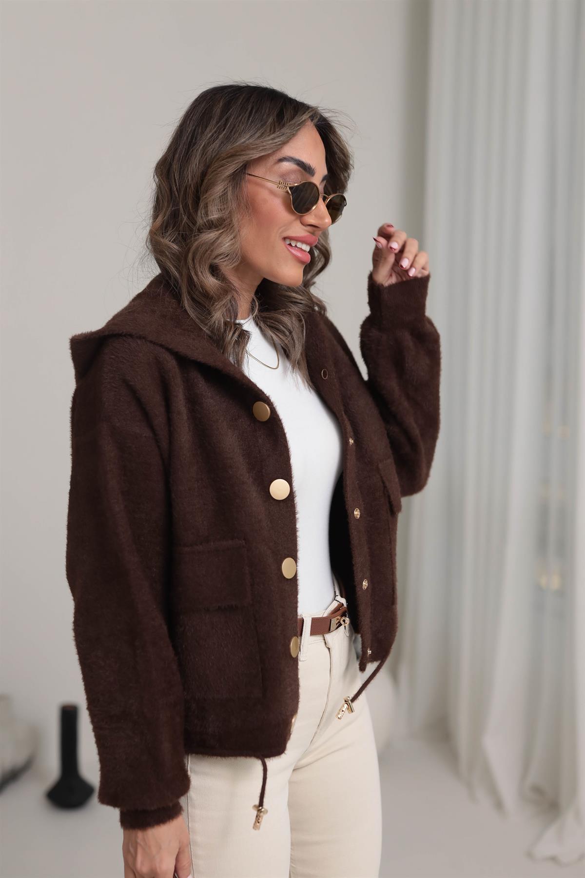 4944 Angora Kapşonlu Gold Düğmeli Hırka ACI KAHVE