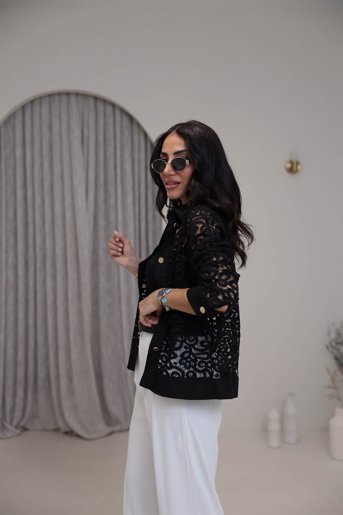 7282 Gömlek Yaka Poplin Garnili Güpürlü Ceket SİYAH