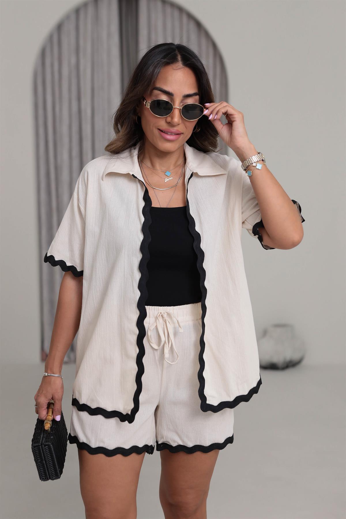 1182 Kontrast Dalga Nakışlı Keten Kimono Şort Takım NATURAL