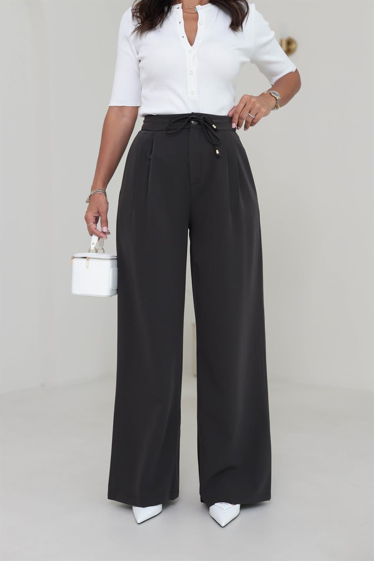 1212 Bağcık Detay Pileli Palazzo Pantolon KOYU KAHVE