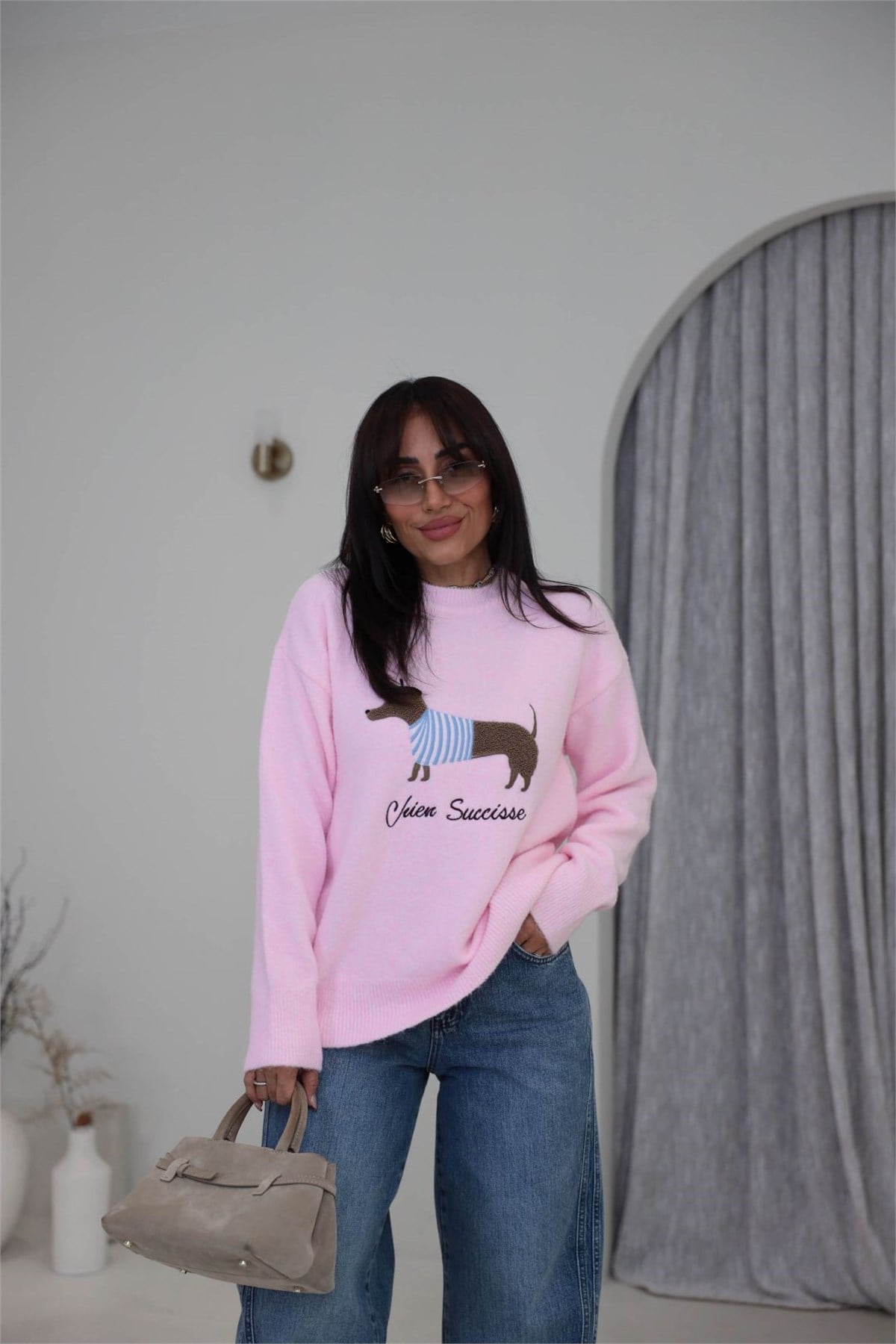 5403 Cozy Dog Nakışlı Yumoş Kazak PEMBE