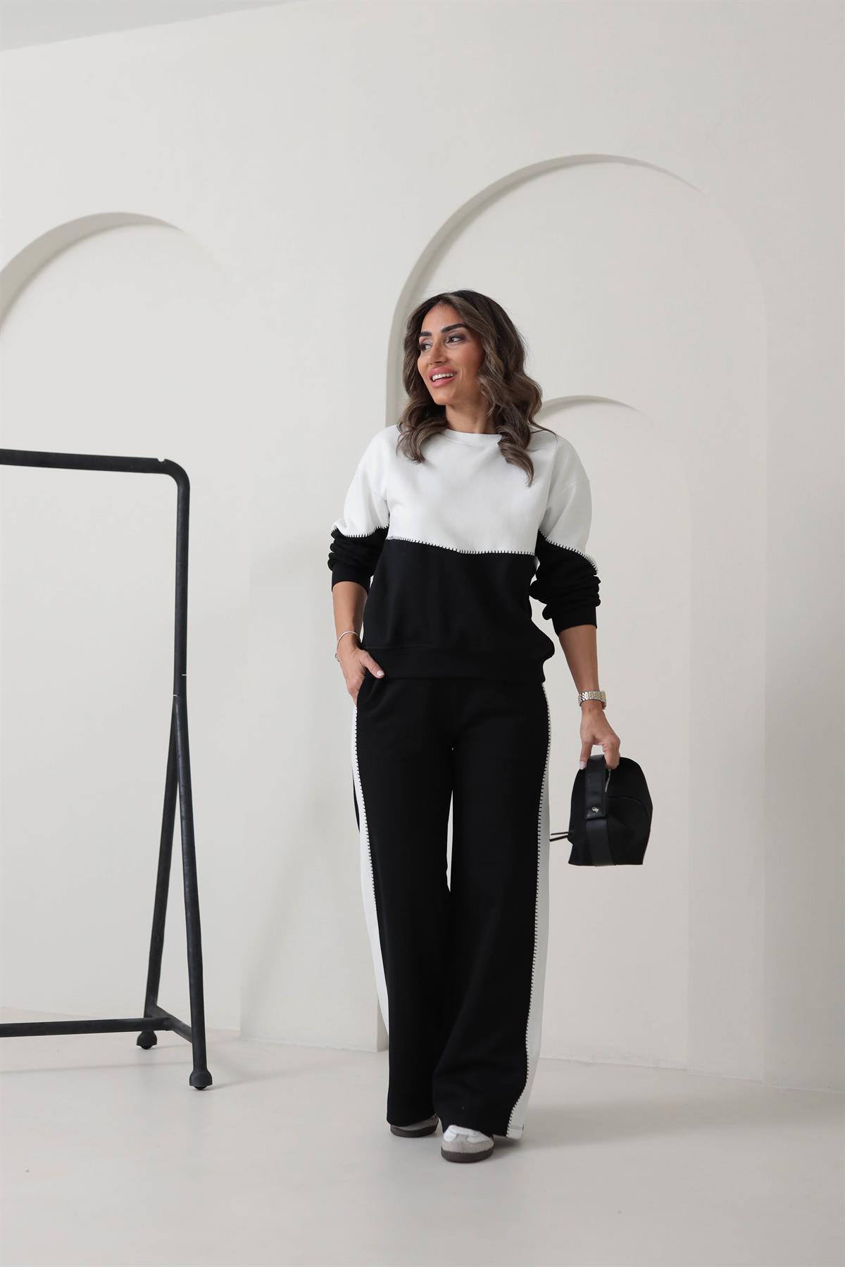 6798 Kroşeteli Üç İplik Eşofman Takımı SİYAHBEYAZ