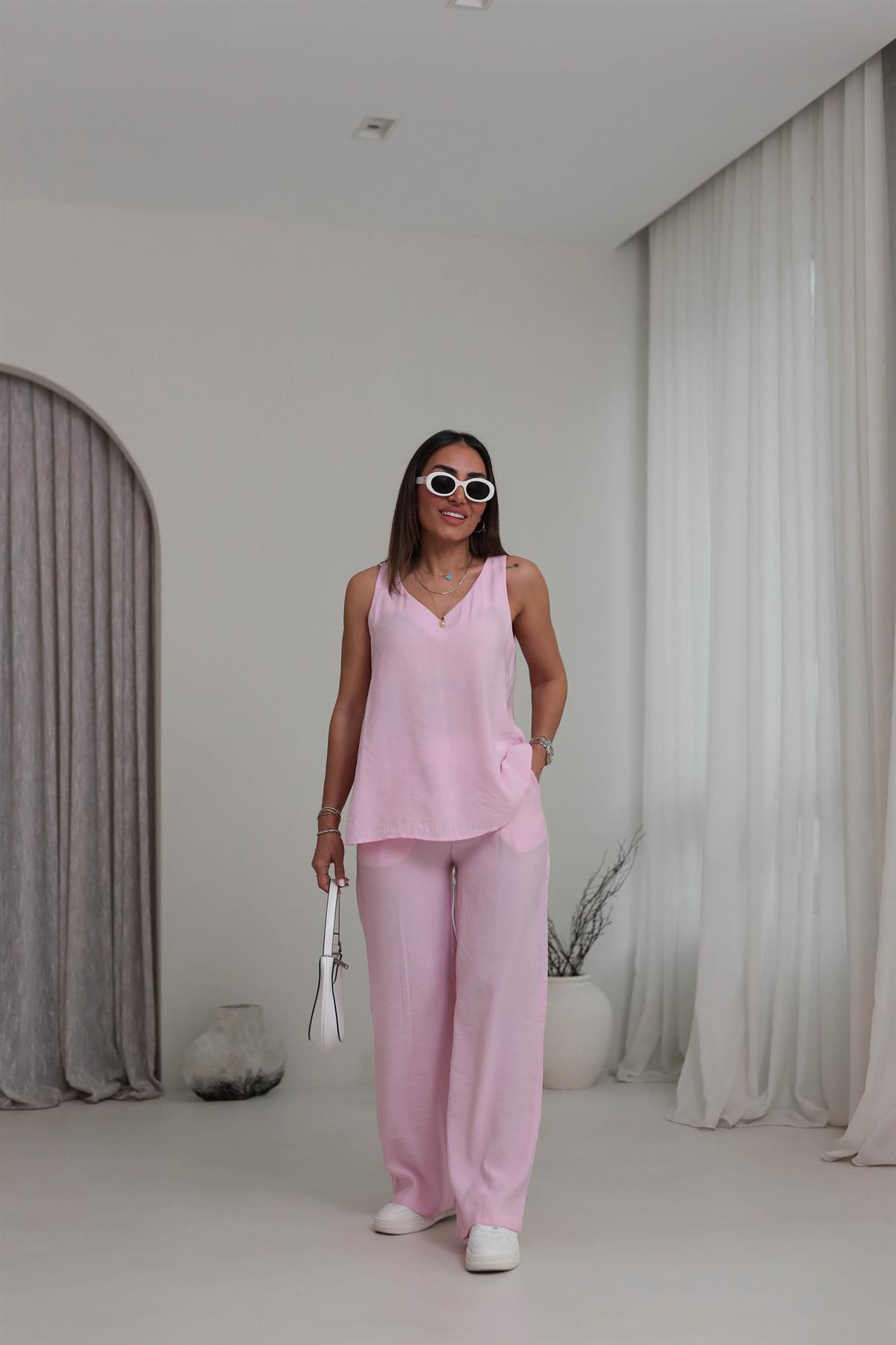 3142 V Yaka Sıfır Kol Tencel Takım PEMBE