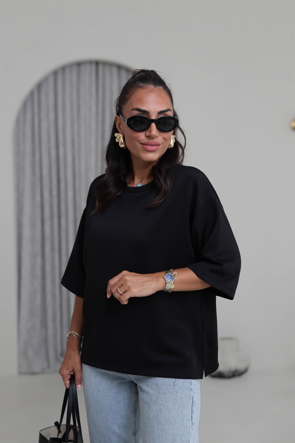 4783 Bisiklet Yaka Rahat Modal Cupra Tshirt SİYAH