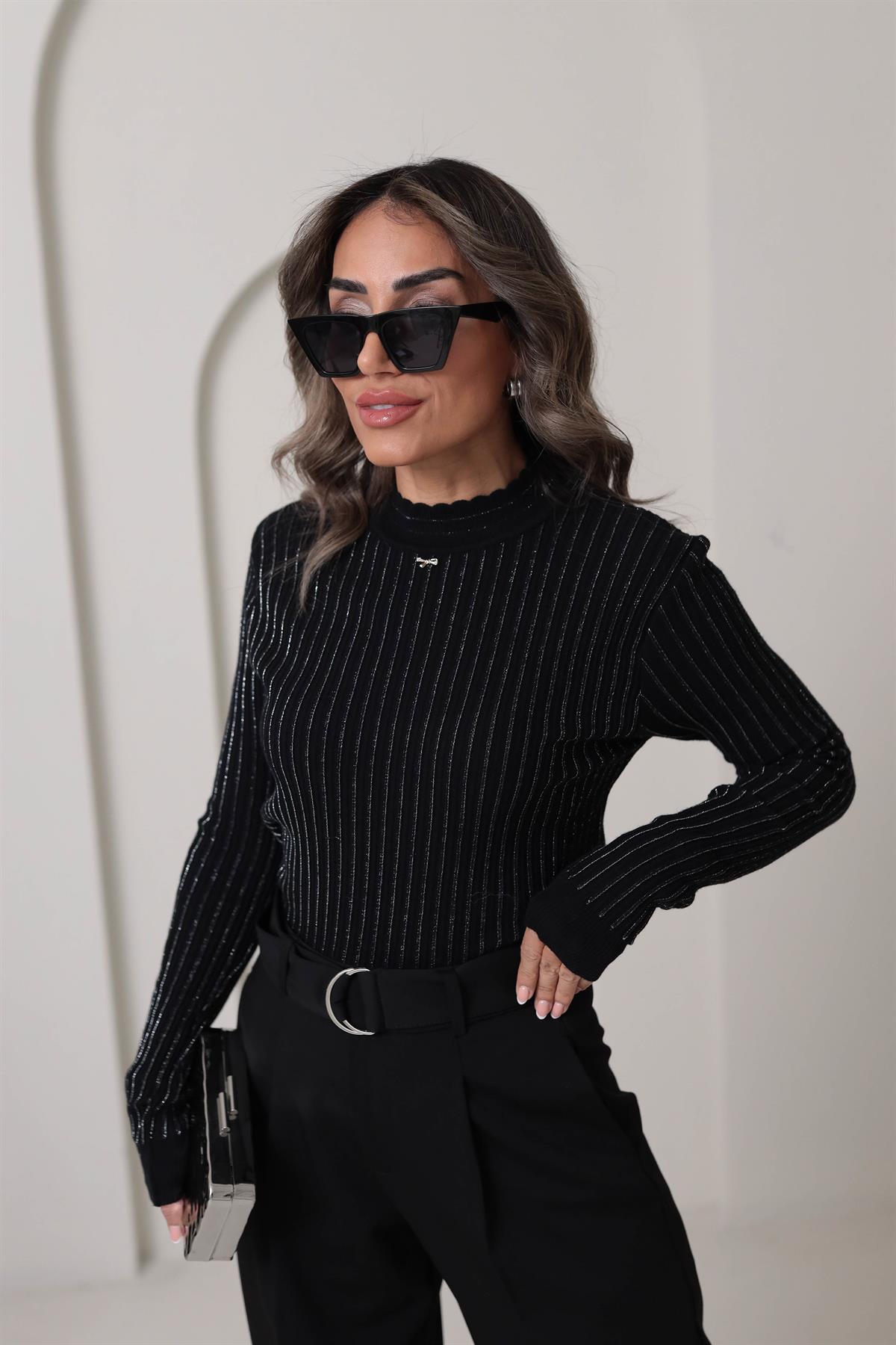 0249 Fitilli Sim İplikli Kurdele Detaylı Triko SİYAH