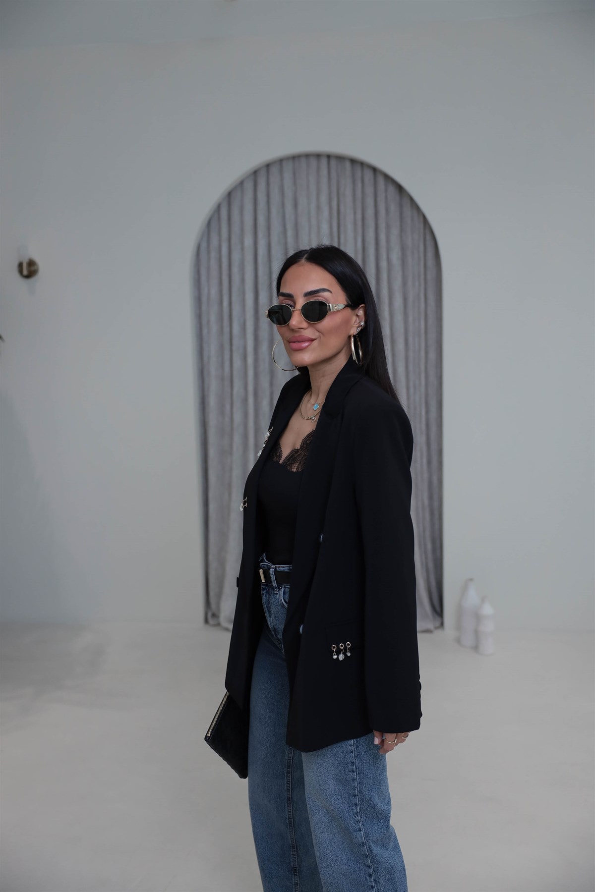 0756 Kuş Gözü Aksesuarlı Düğmeli Blazer Ceket SİYAH