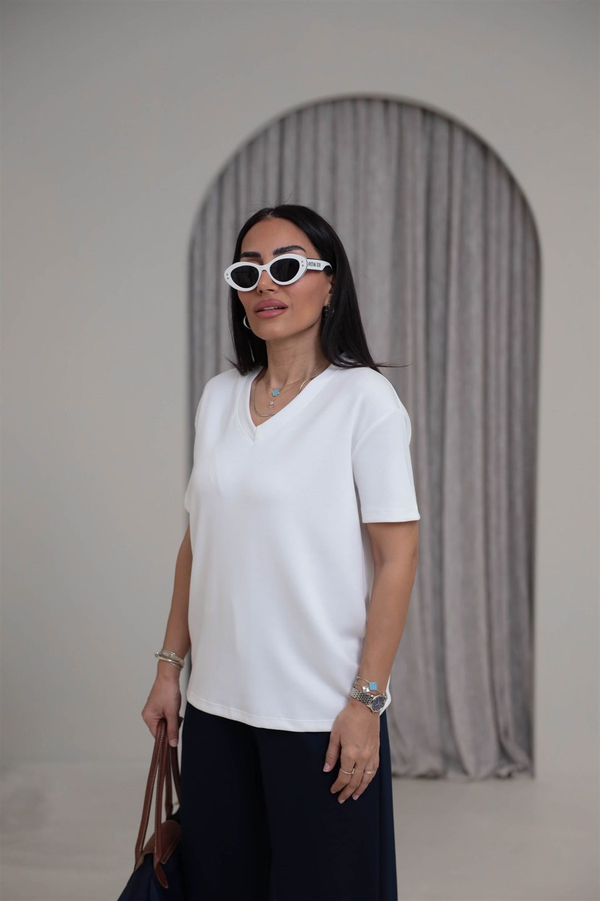 T927 V Yaka Modal Kumaş Tshirt EKRU