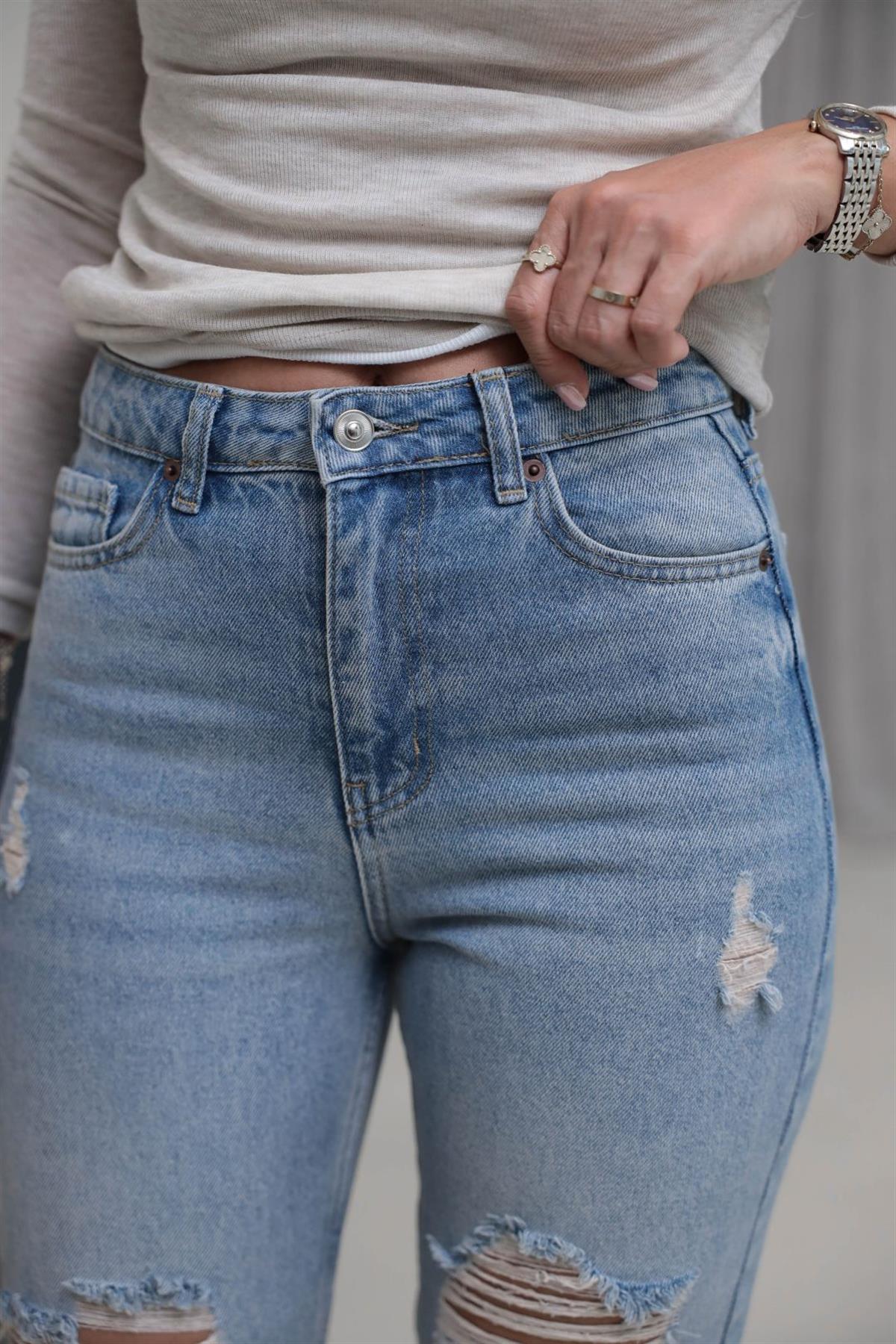 482 Yüksek Bel Yırtıklı Jean Pantolon AÇIK MAVİ