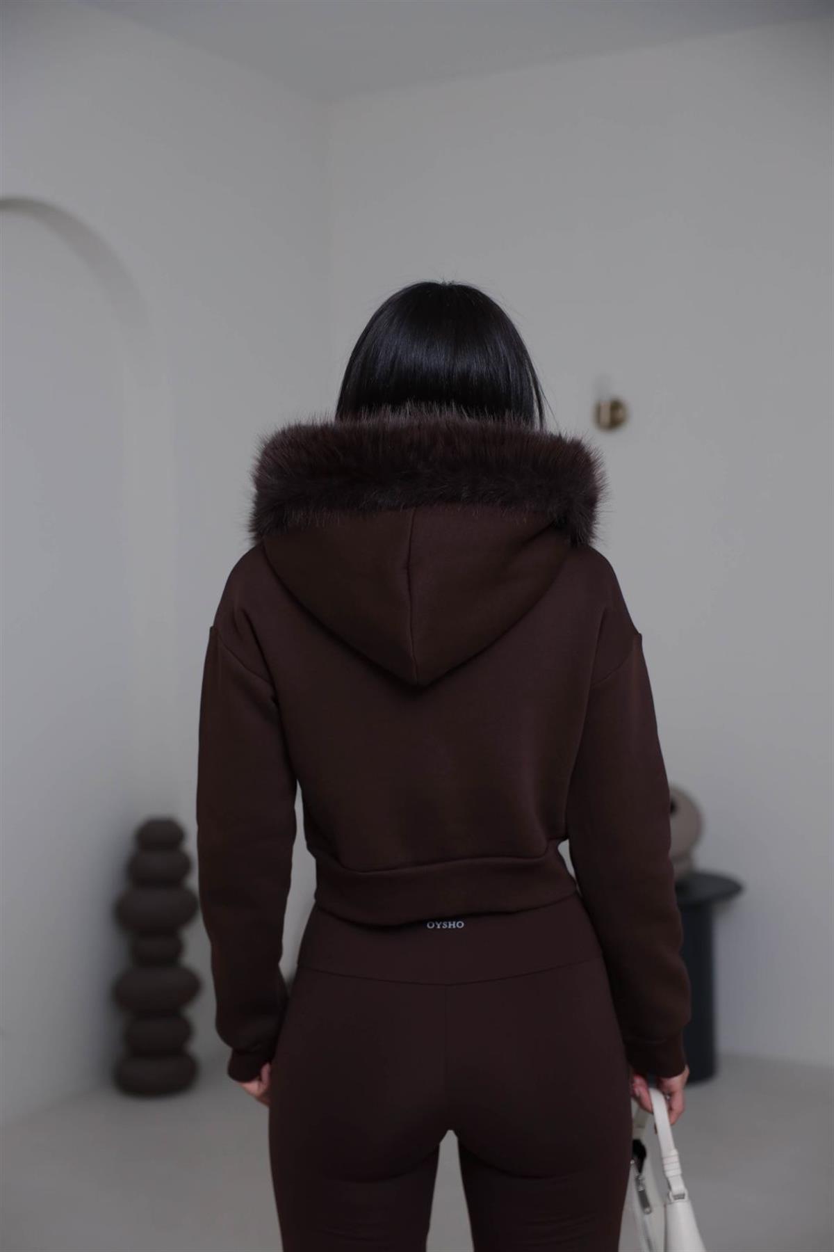 4067 Kapşonu Kürklü Şardonlu Kısa Sweatshirt ACI KAHVE