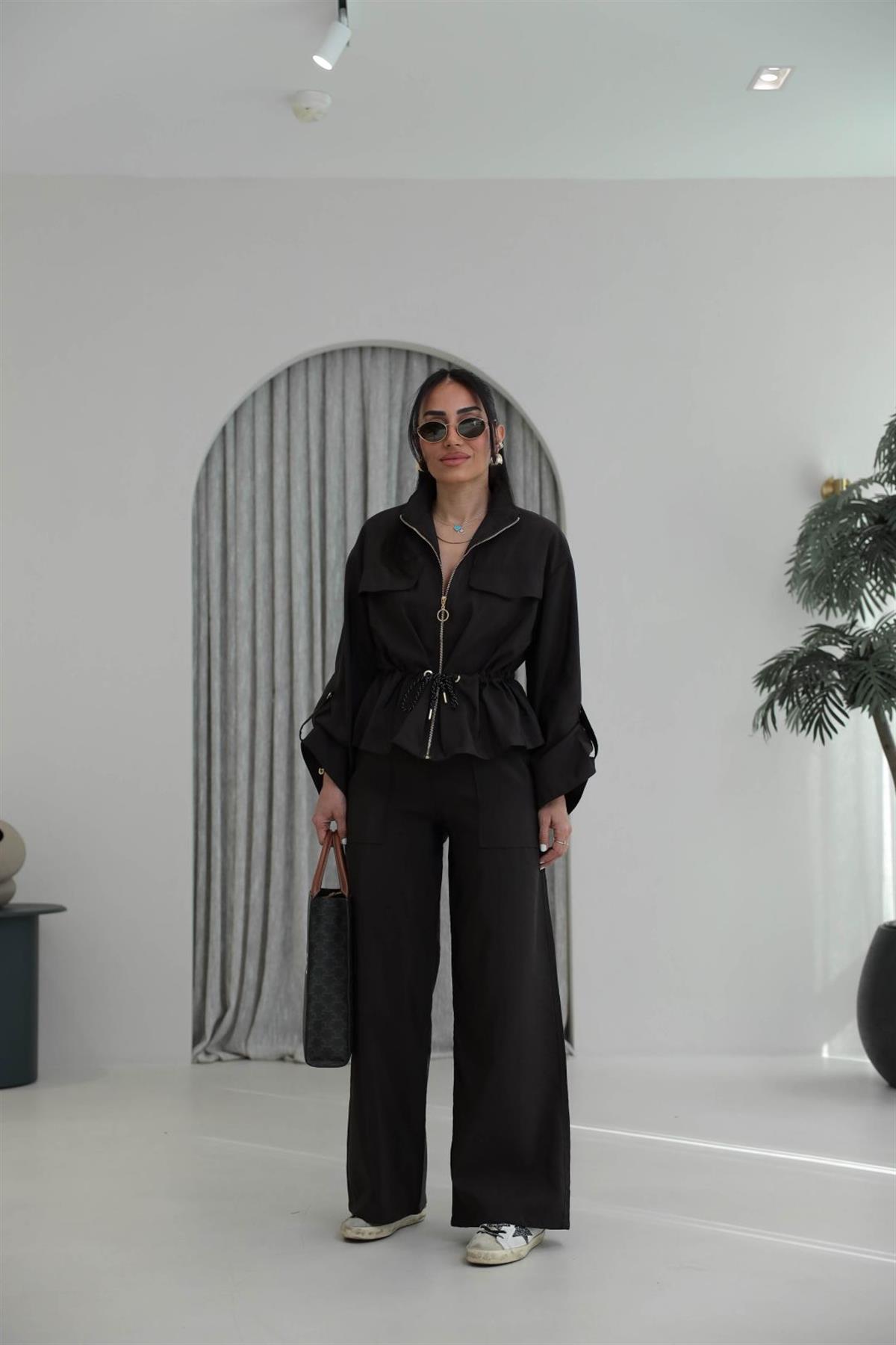 0650 Dik Yaka Gold Fermuarlı Cep Detaylı Paraşüt Kumaş Takım ACI KAHVE