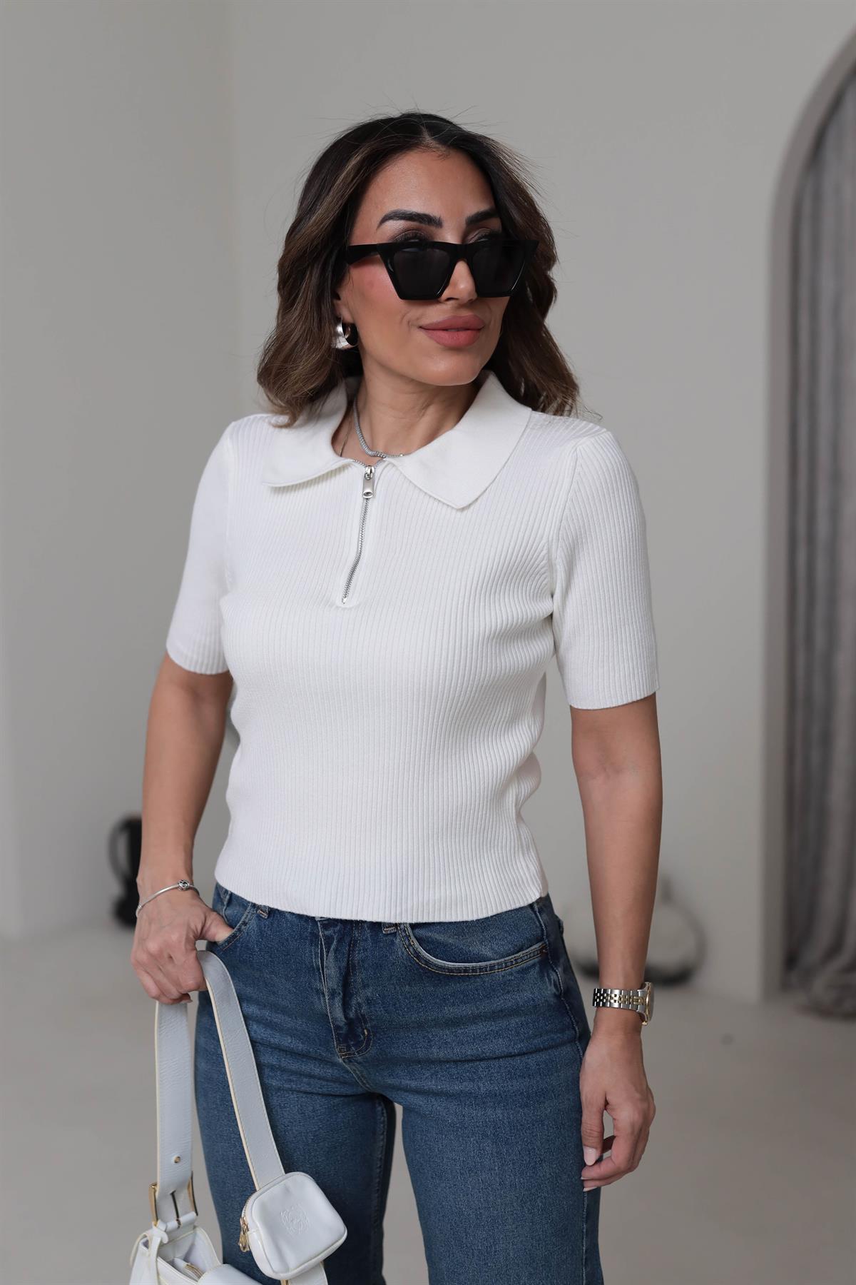 Yarım Fermuarlı Kısa Kol Fitilli Triko Buluz EKRU