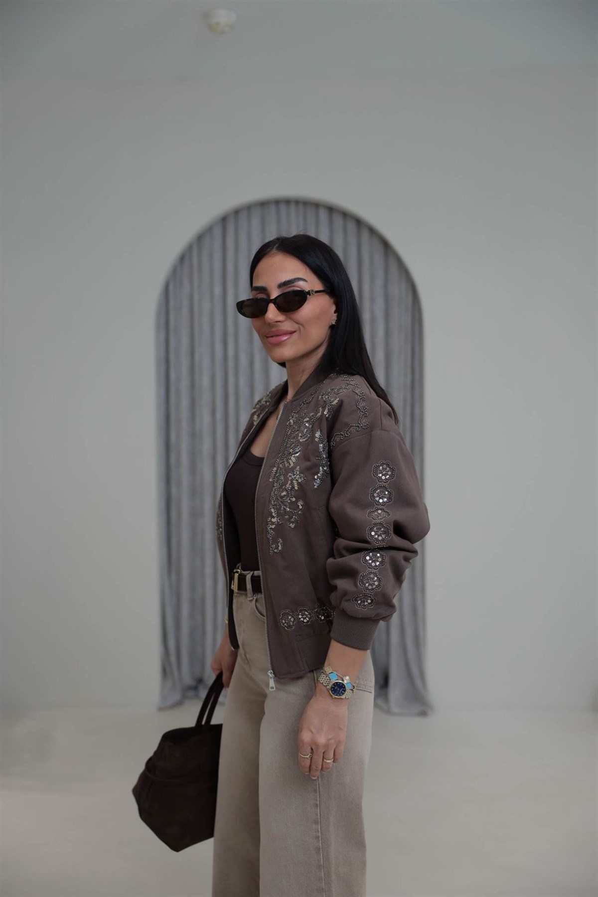 9928 Pul ve Boncuk İşlemeli Bomber Ceket KAHVE