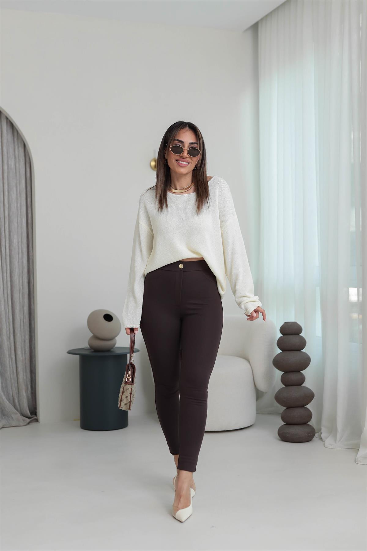 5121 Gold Düğme Detaylı Tayt Pantolon KAHVE