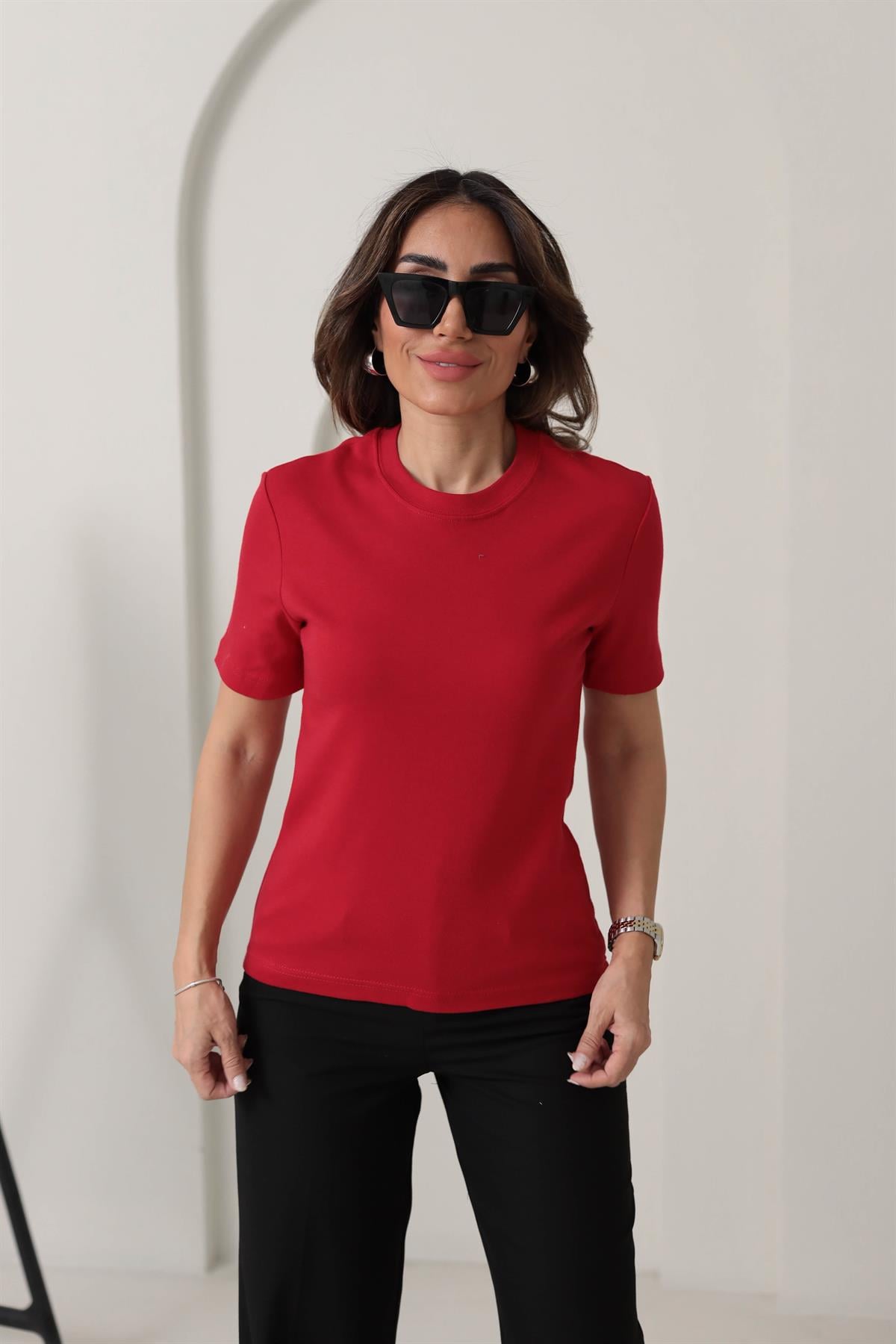 1075 Bisiklet Yaka Pamuklu Basic Tshirt KIRMIZI