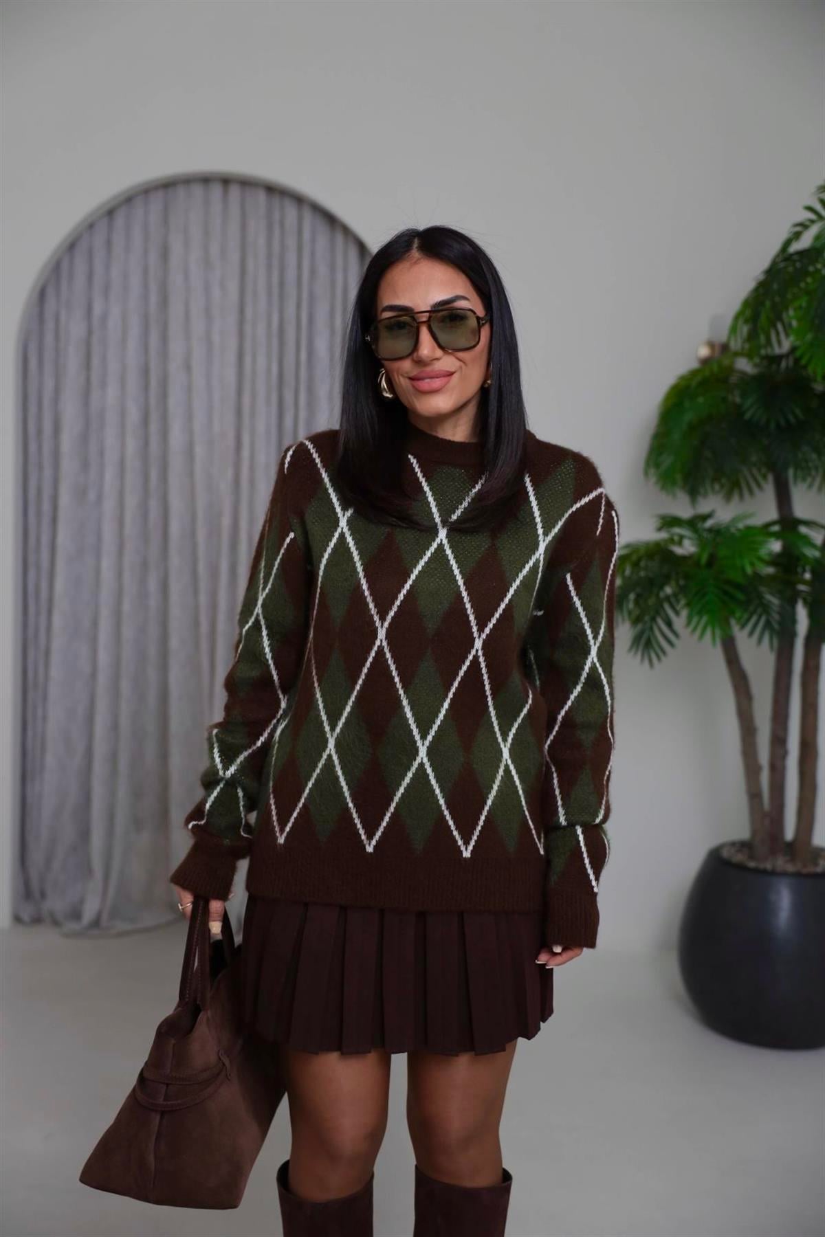 0133 Şardonlu Baklava Desen Kalın Kazak KAHVE-YEŞİL