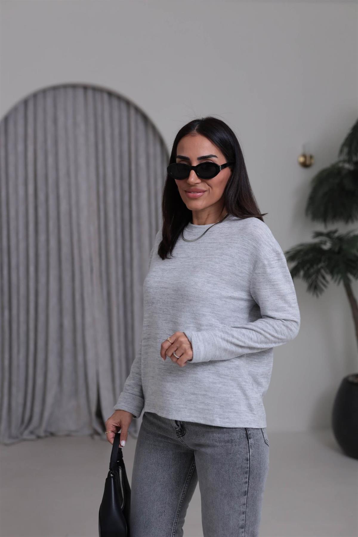 5249 Double Kol Bisiklet Yaka Yumoş Bluz GRİ