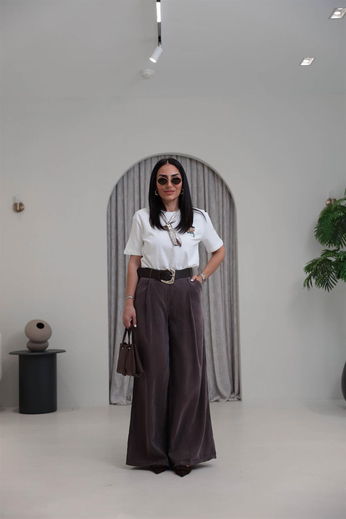 0741 Kemerli Salaş Tencel Pantolon KAHVE