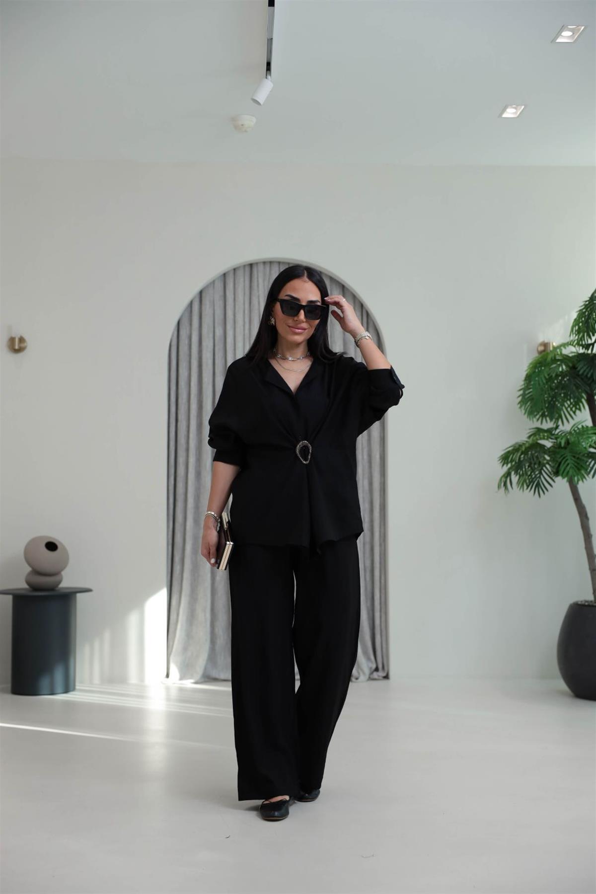 7091 Broş Detaylı Gömlek Pantolon Takım SİYAH