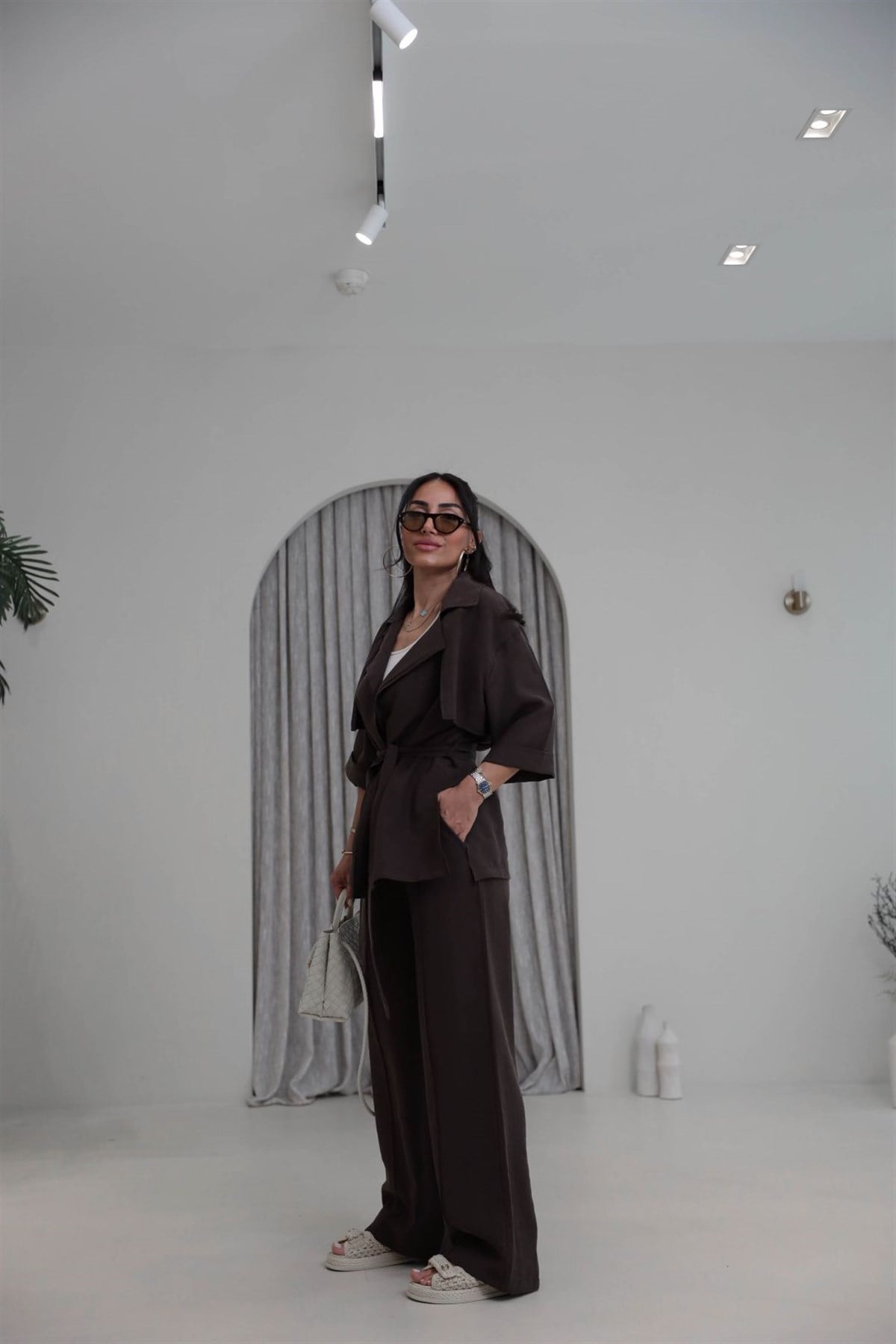 7309 Tencel Kumaş Yarım Kol Gömlek Pantolon Takım KAHVE