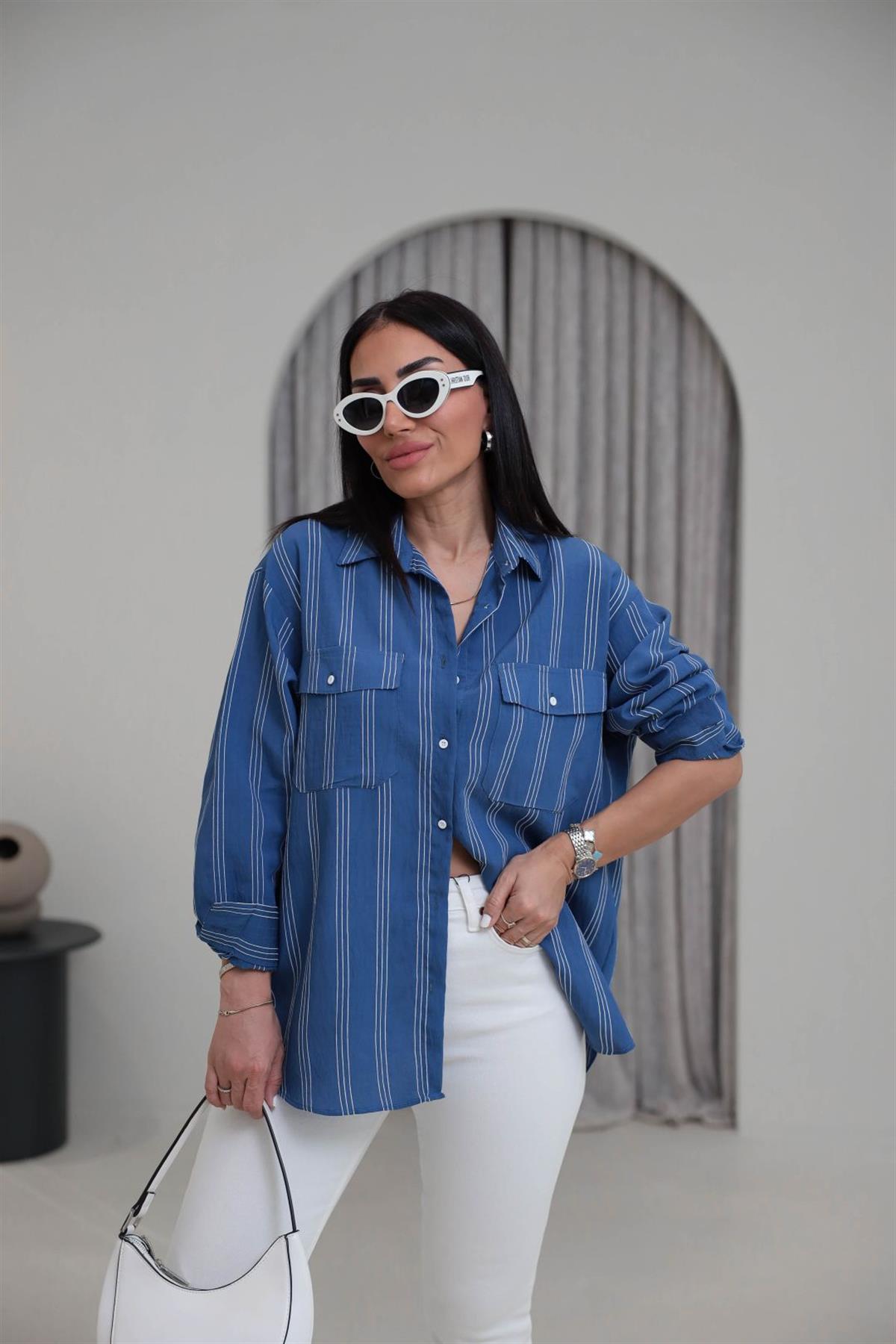 4003 Cepli Çizgili Viskon Gömlek MAVİ