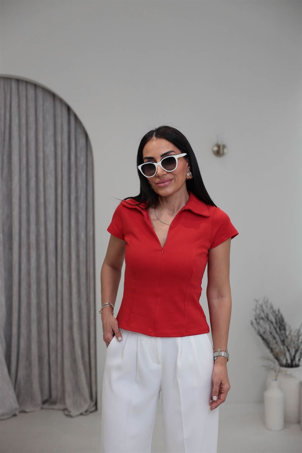 1070Y Yarım Fermuarlı Polo Yaka Pamuklu Tshirt KIRMIZI