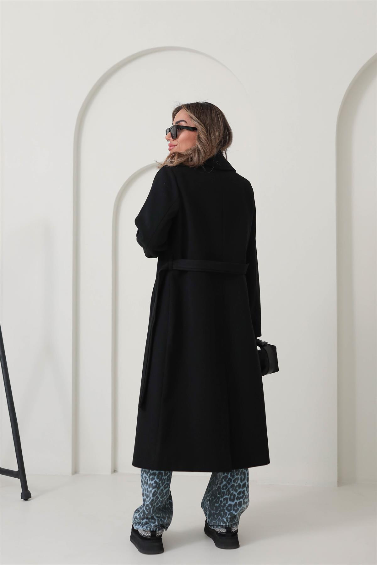 9350 Kuşaklı Kaşe Kaban SİYAH