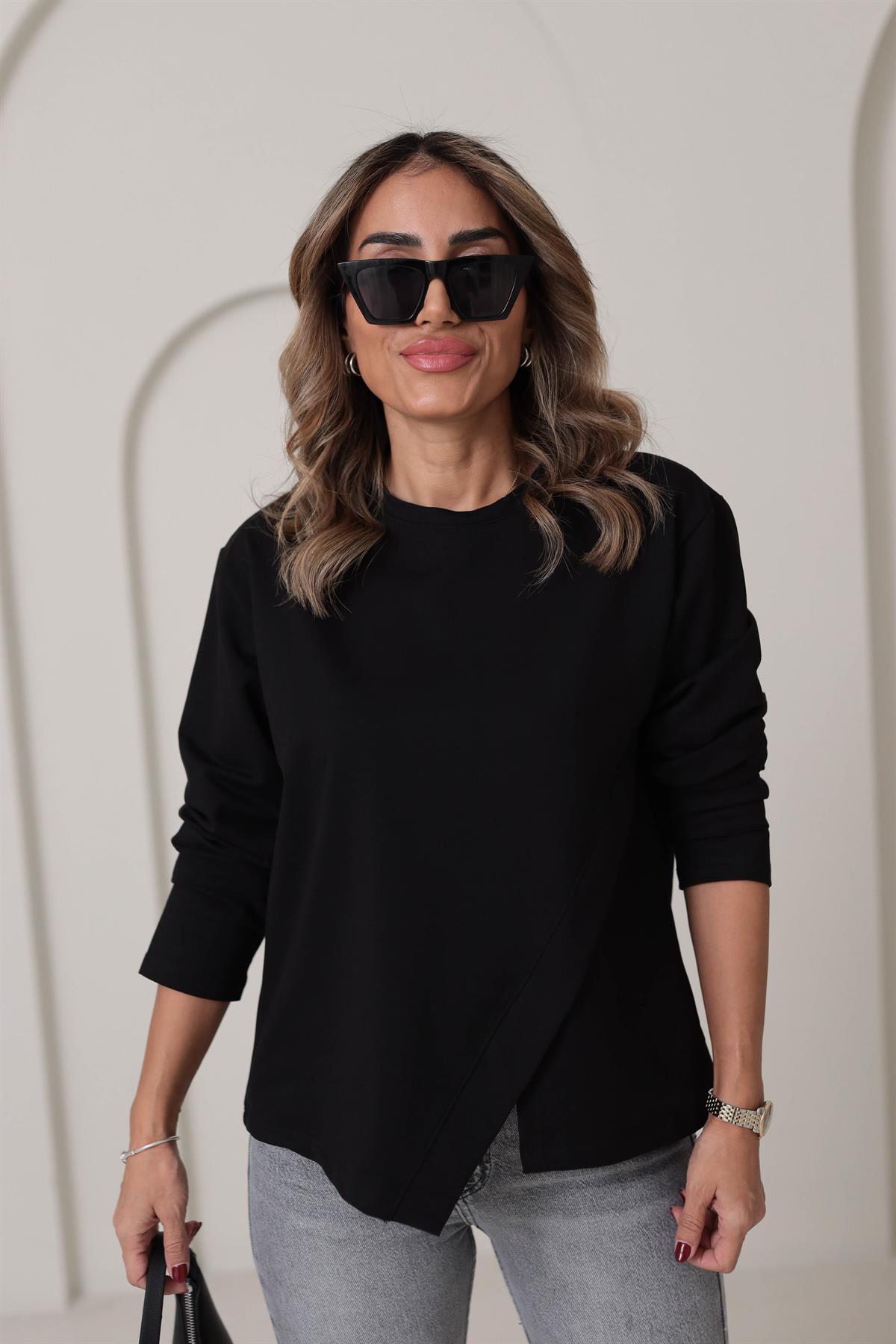 9076 Asimetrik Ön Dikiş Detaylı Sweatshirt SİYAH