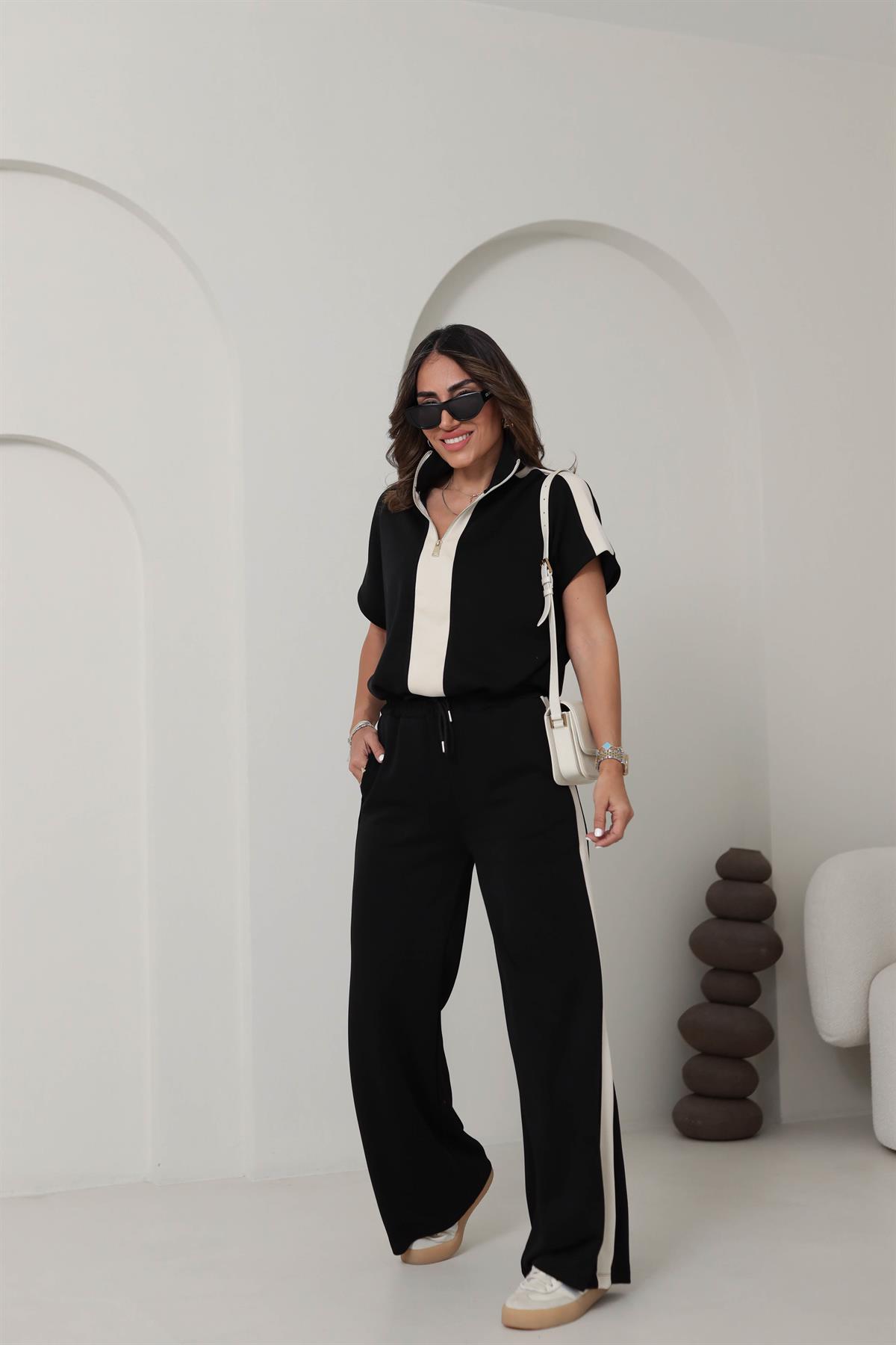 6290 Kısa Kol Renk Bloklu Modal Takım SİYAH-BEJ