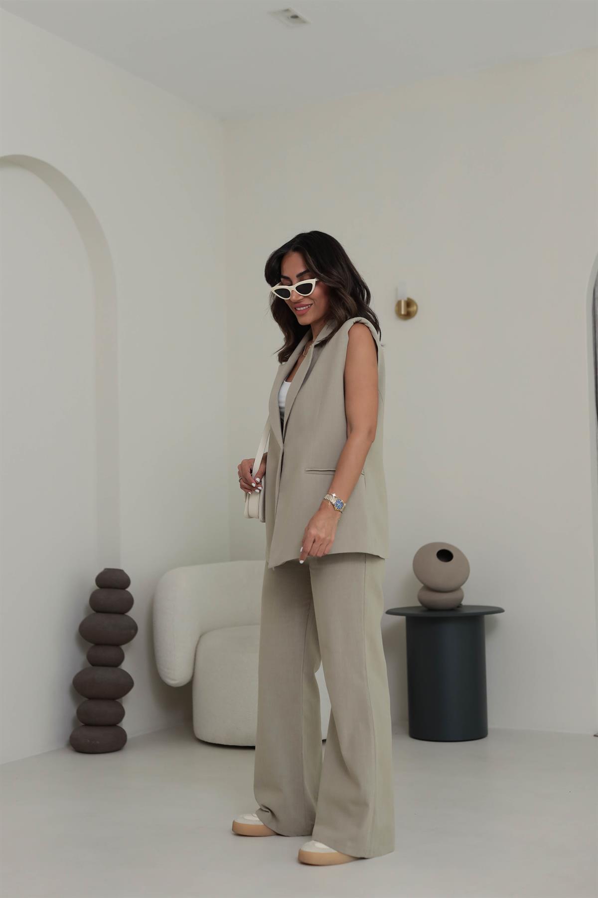 Omuz Vatkalı Yelek Keten Takım HAKİ YEŞİL