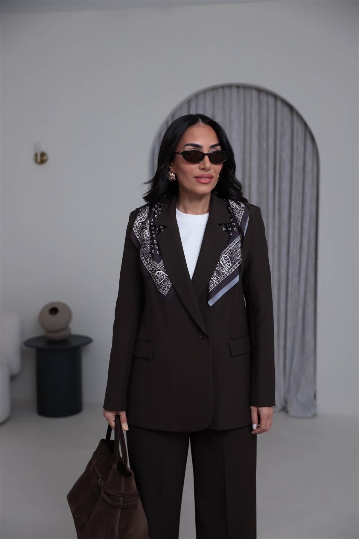 7665 Fular Detaylı Blazer Ceket KAHVE