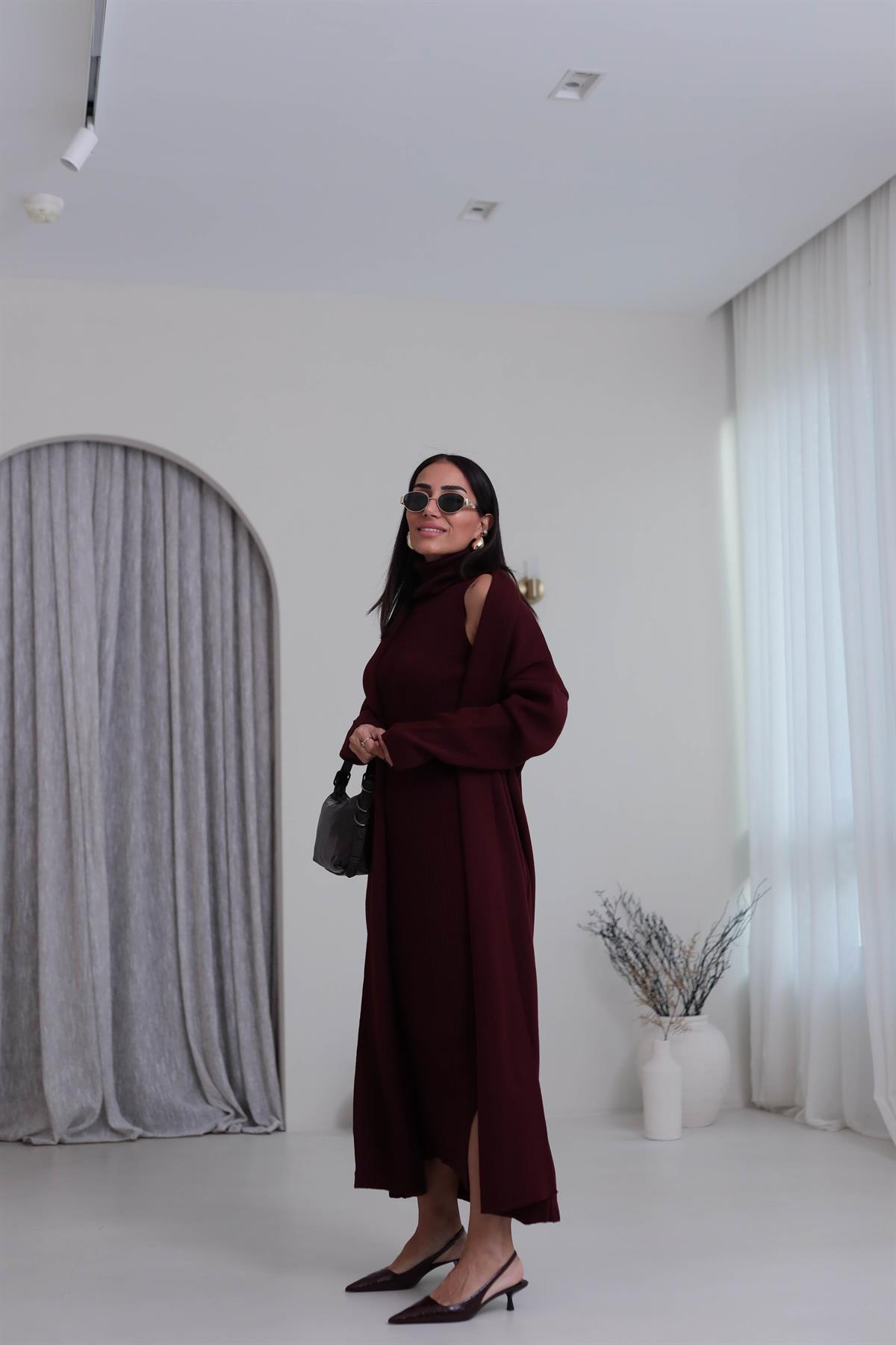 0117 Balıkçı Yaka Sıfır Kol Elbiseli Hırkalı Takım BORDO