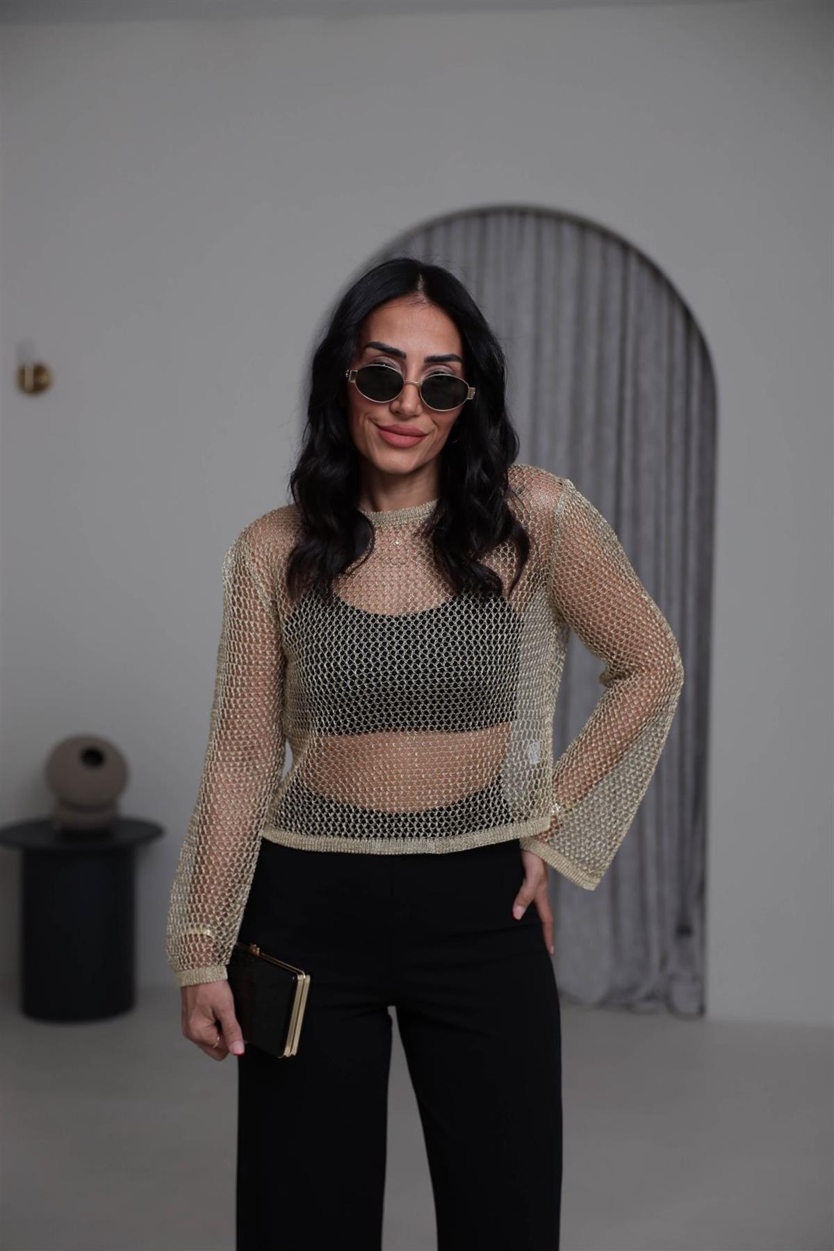 4404 Parlak Simli Ajurlu Kısa Triko GOLD