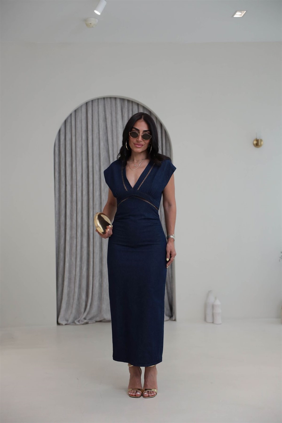 1027 V Yaka Şerit Detaylı Denim Elbise LACİVERT