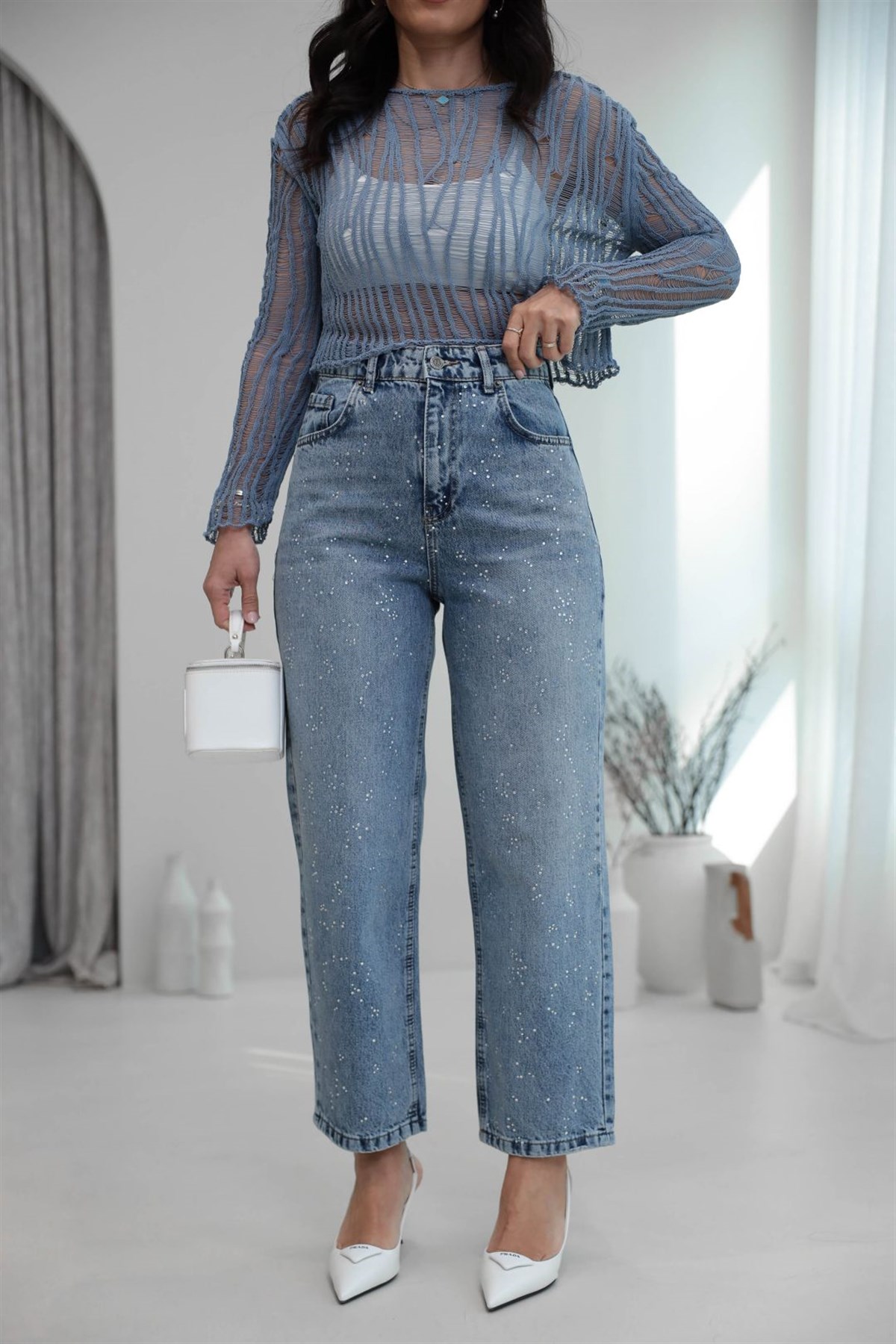 3010 Rahat Kesim Taşlı Mom Jean MAVİ
