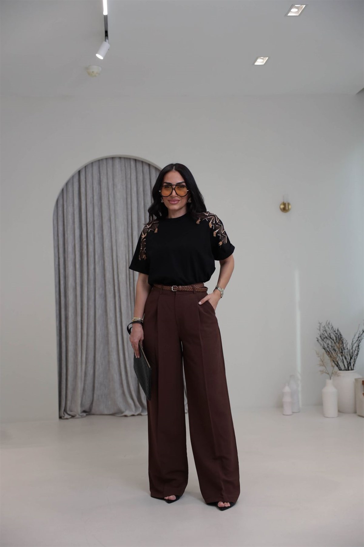 1150 Örme Kemerli Viskon Keten Pantolon KAHVE