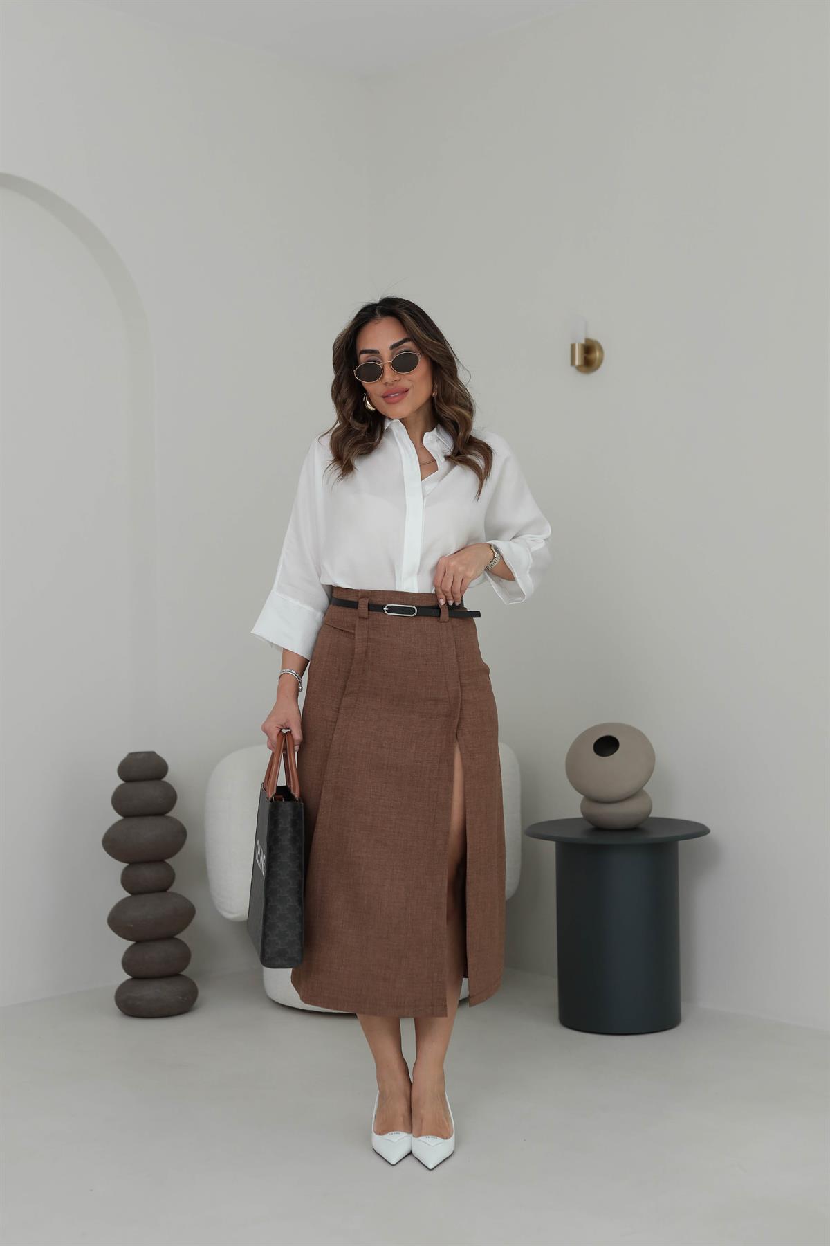 0268 Yırtmaç Detaylı Kemerli Midi Boy Etek KAHVE
