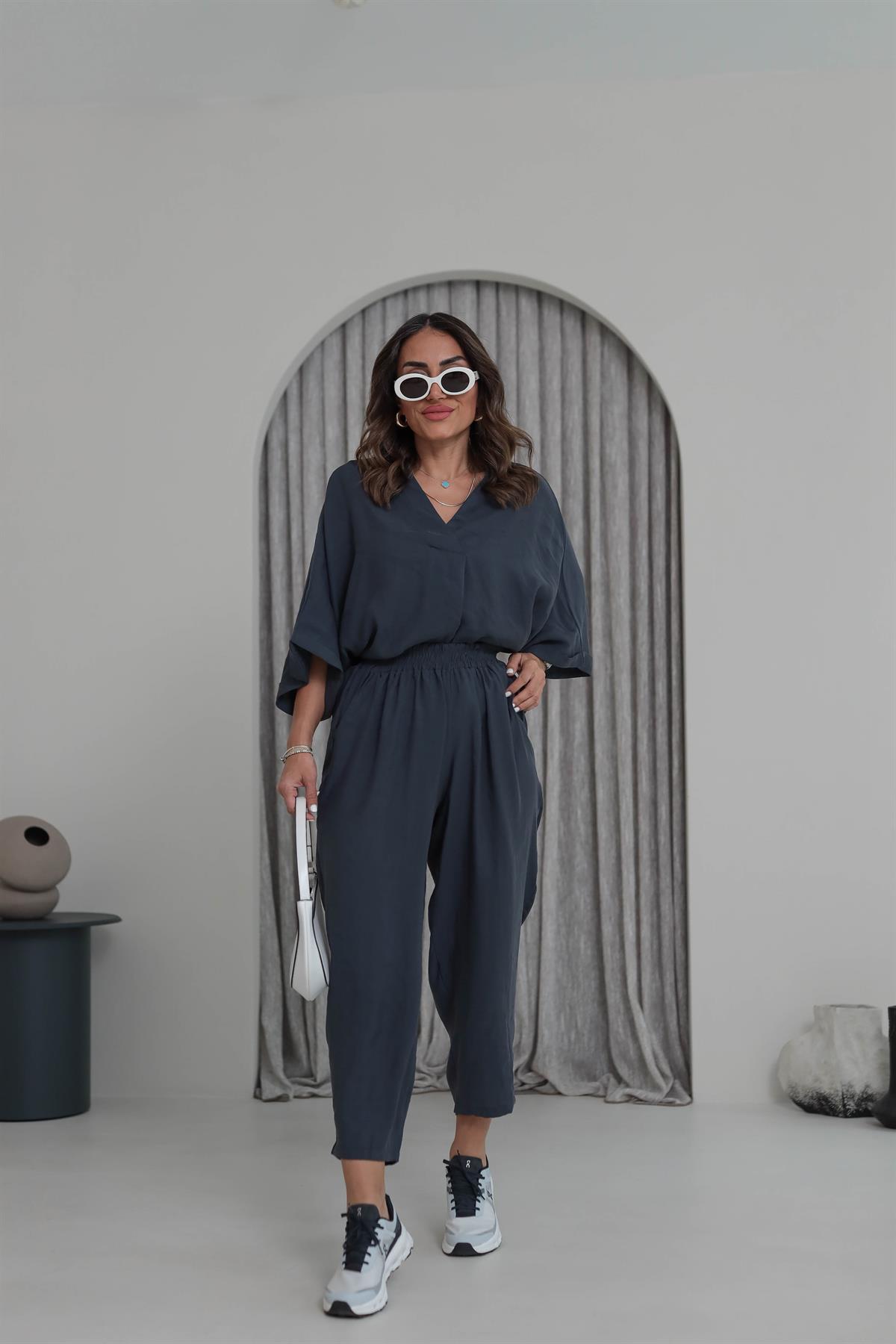 3077 Düşük Kol Tencel Kumaş Takım ANTRASİT