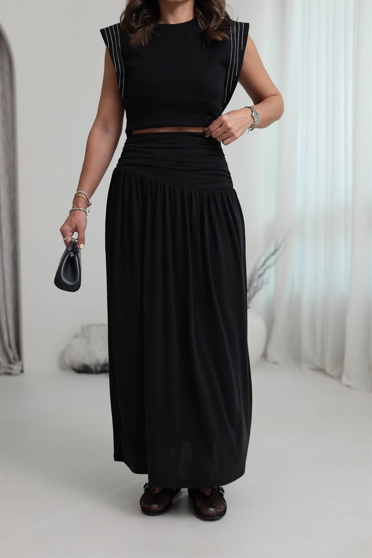 7234 Örme Korsajlı Modal Etek SİYAH