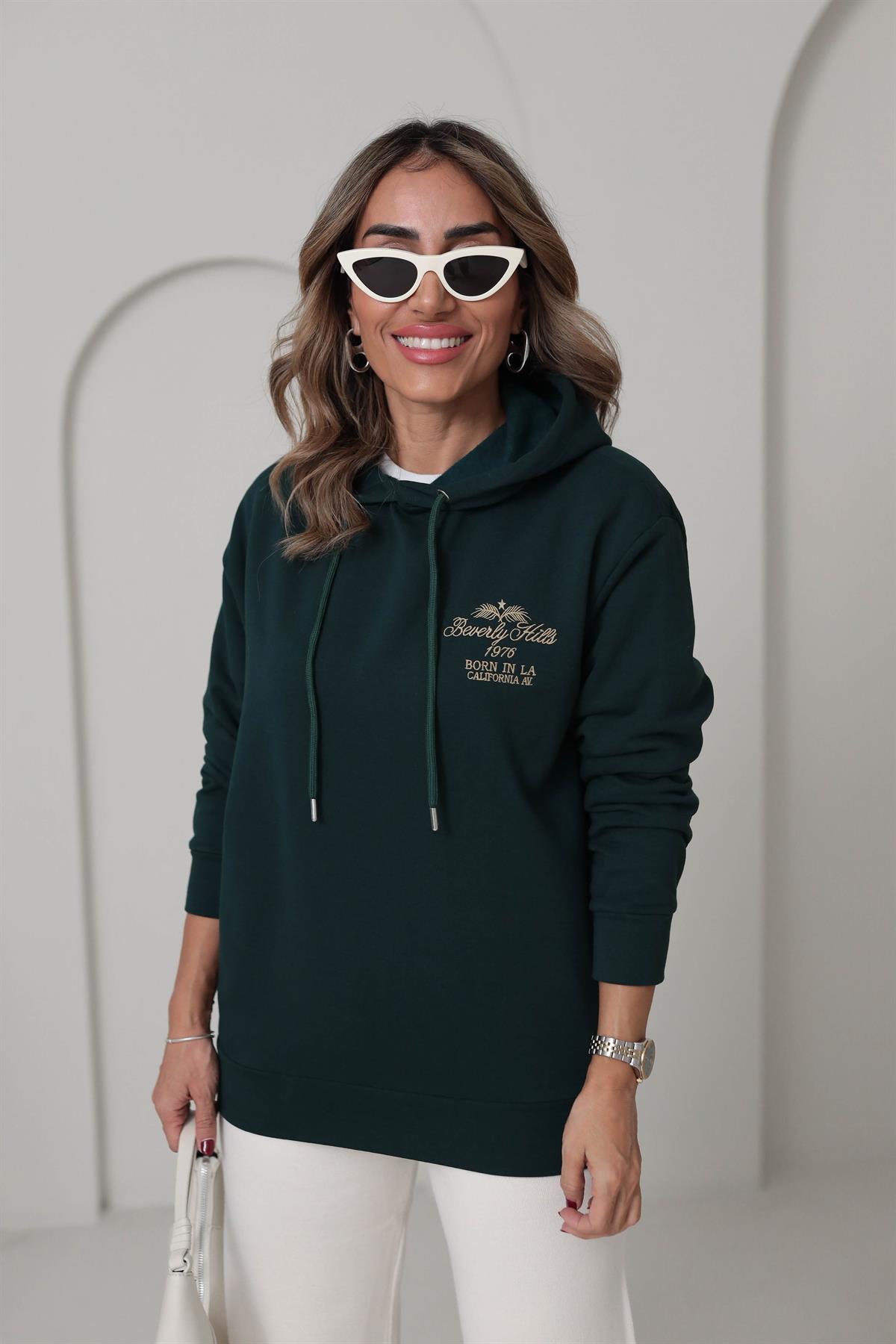 Beverly Nakışlı Şardonlu Kapşonlu Sweatshirt KOYU YEŞİL