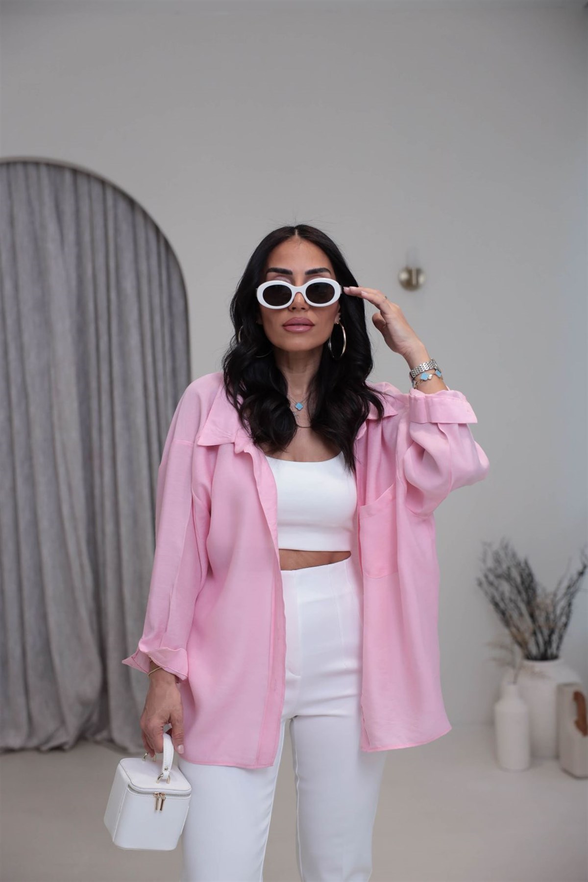 4612Y Tencel Omzu Düşük Oversize Gömlek ŞEKER PEMBE