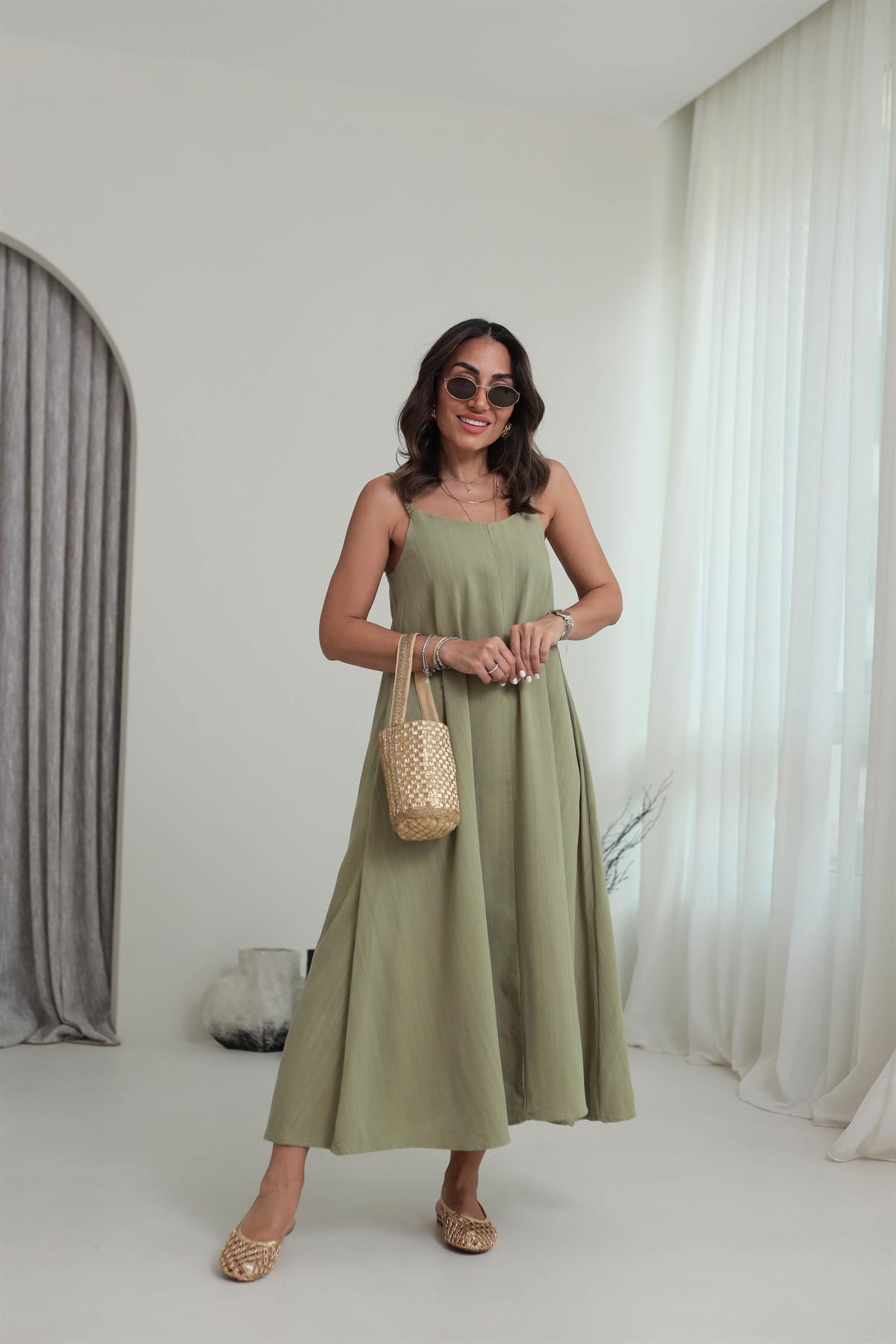 DXB Hasır Örgü Askılı Keten Elbise HAKİ YEŞİL