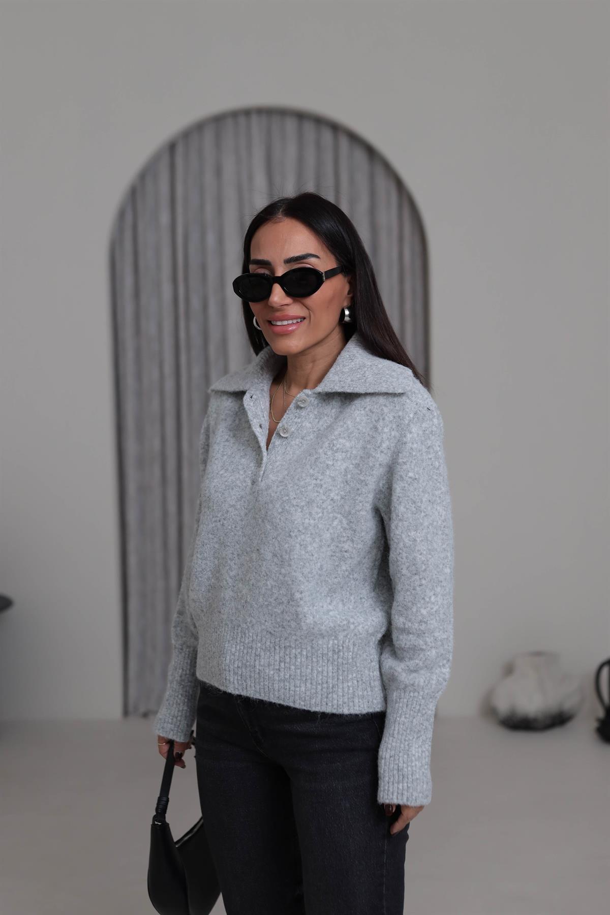 5069 Gömlek Yaka Yarım Düğmeli Kazak GRİ