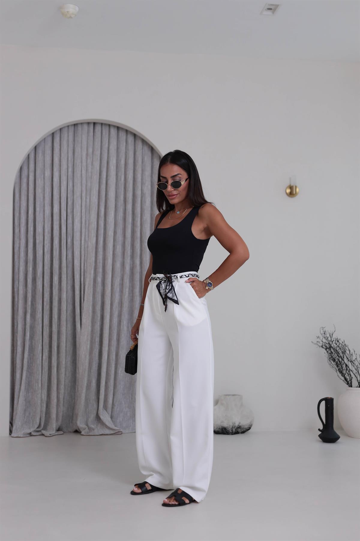 0522 Fularlı Kemerli Palazzo Pantolon EKRU