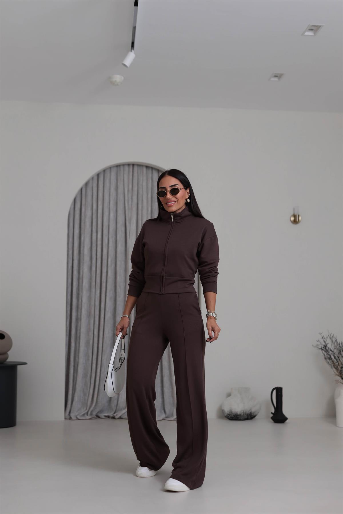 4044 Gold Fermuarlı Modal Kumaş Takım KAHVE