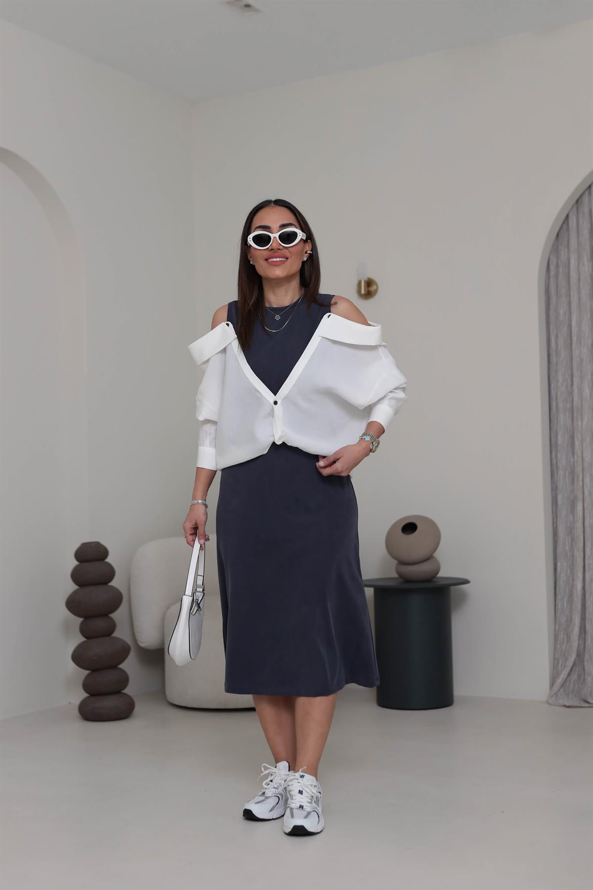 3046 Gömlek Detaylı Premium Elbise ANTRASİT