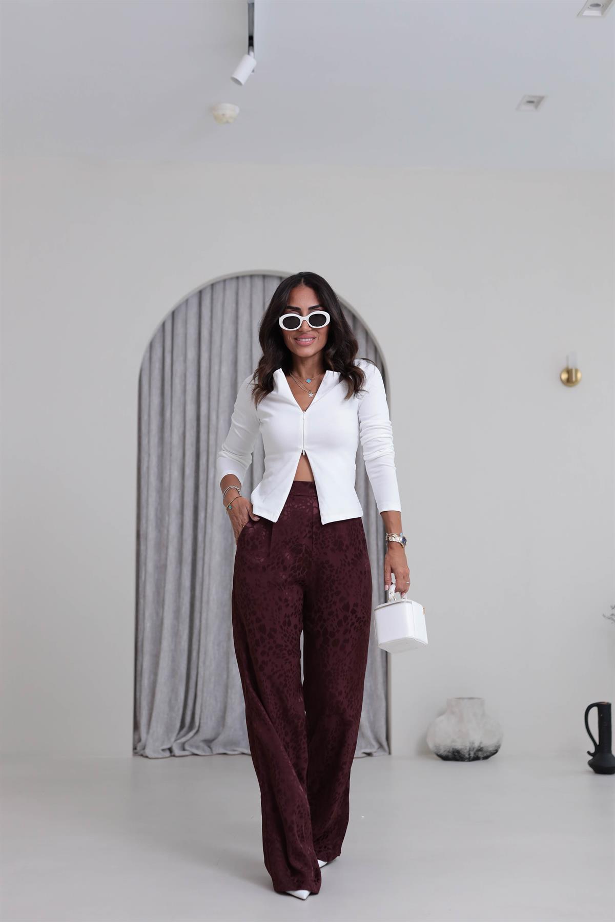 0338 Leopar Desen Saten Pantolon BORDO